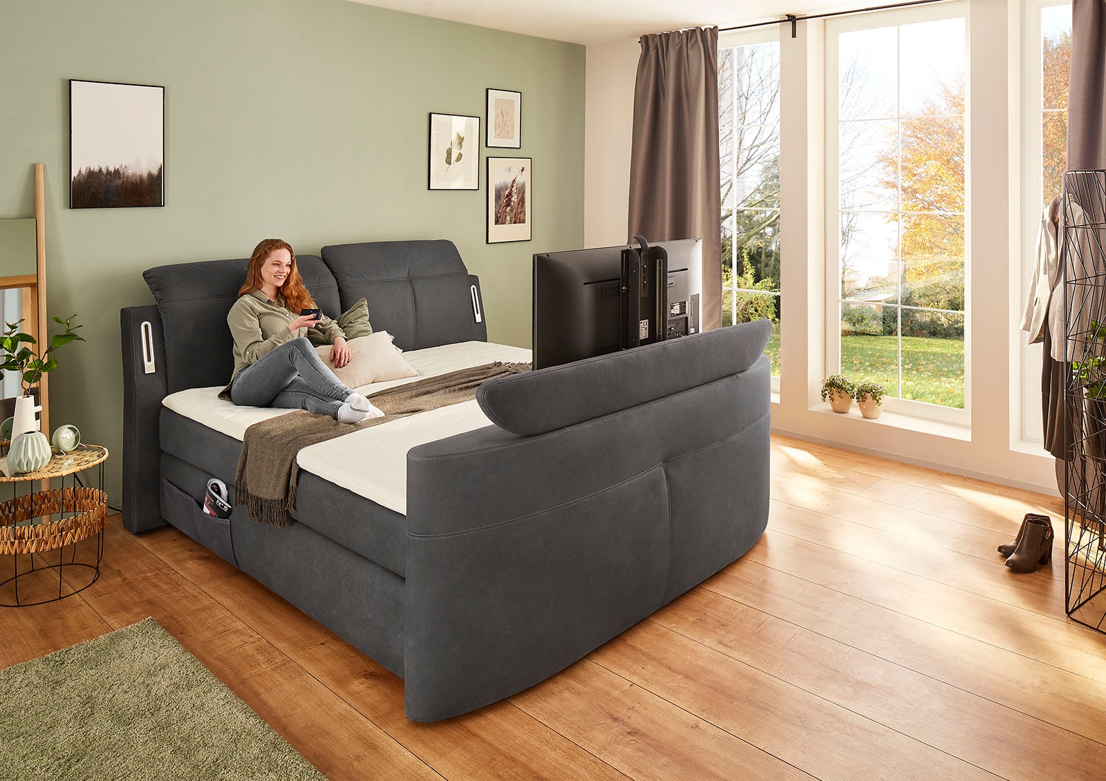Jockenhöfer Gruppe Lit boxspring »MOVIESTAR, mit Taschenfederkernmatratze H3-H4, inkl. LED-Beleuchtung« revêtement en tissu structuré ou en microfibre au choix, 180x200cm