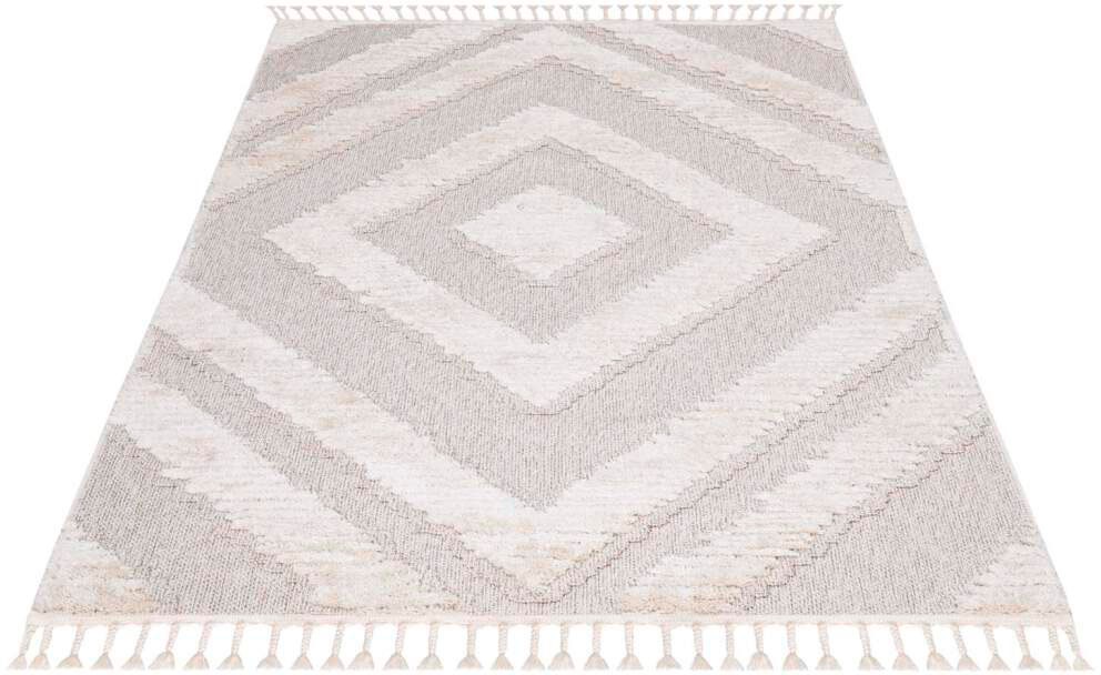 Carpet City Hochflor-Teppich »Valencia 813« rechteckig 20 mm Höhe Läufer, Boho-Stil, 3D-Effekt, Raute, Hoch-Tief-Struktur, mit Fransen