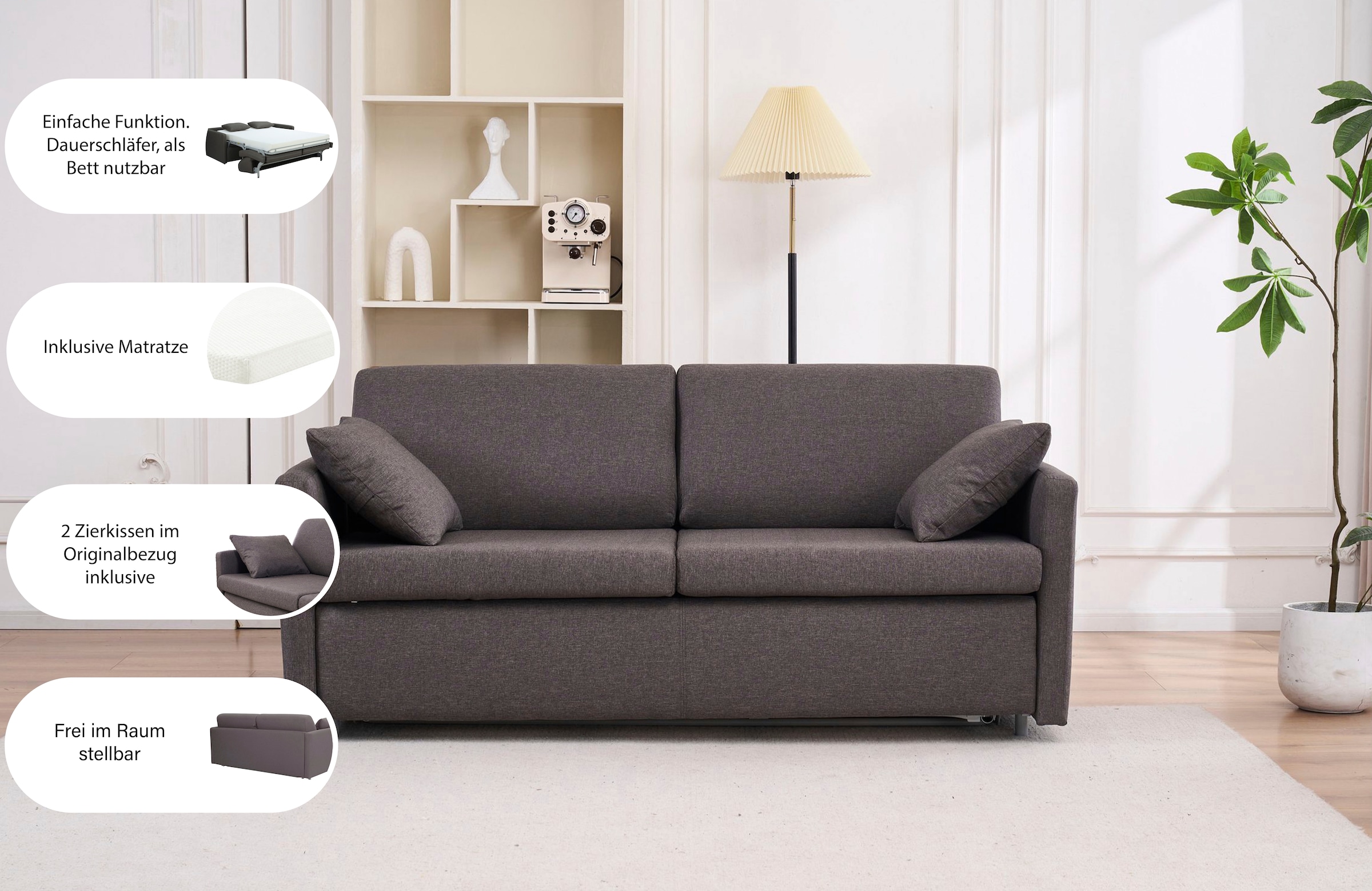 ATLANTIC home collection Canapé-lit »Robin, B: 168cm« avec matelas et coussin décoratif, pour dormeurs réguliers