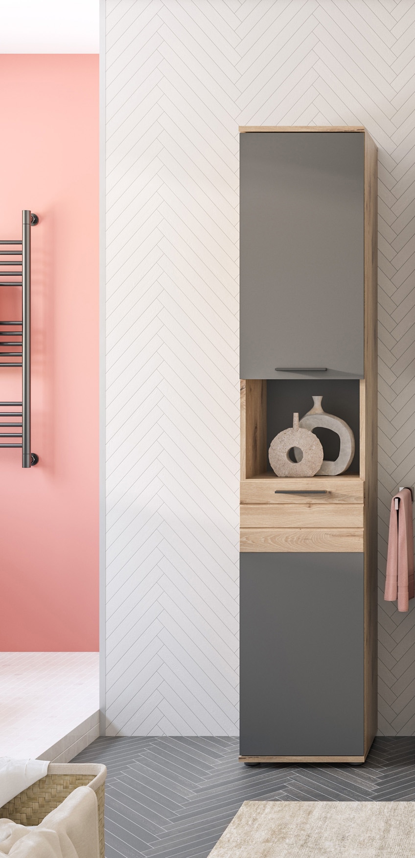 welltime Hochschrank »Riga, Breite 37 cm, 2 Türen (Türanschlag wechselbar), 1 offenes Fach« Standschrank, Badmöbel, Badschrank, Schrank, Bad, Badezimmer