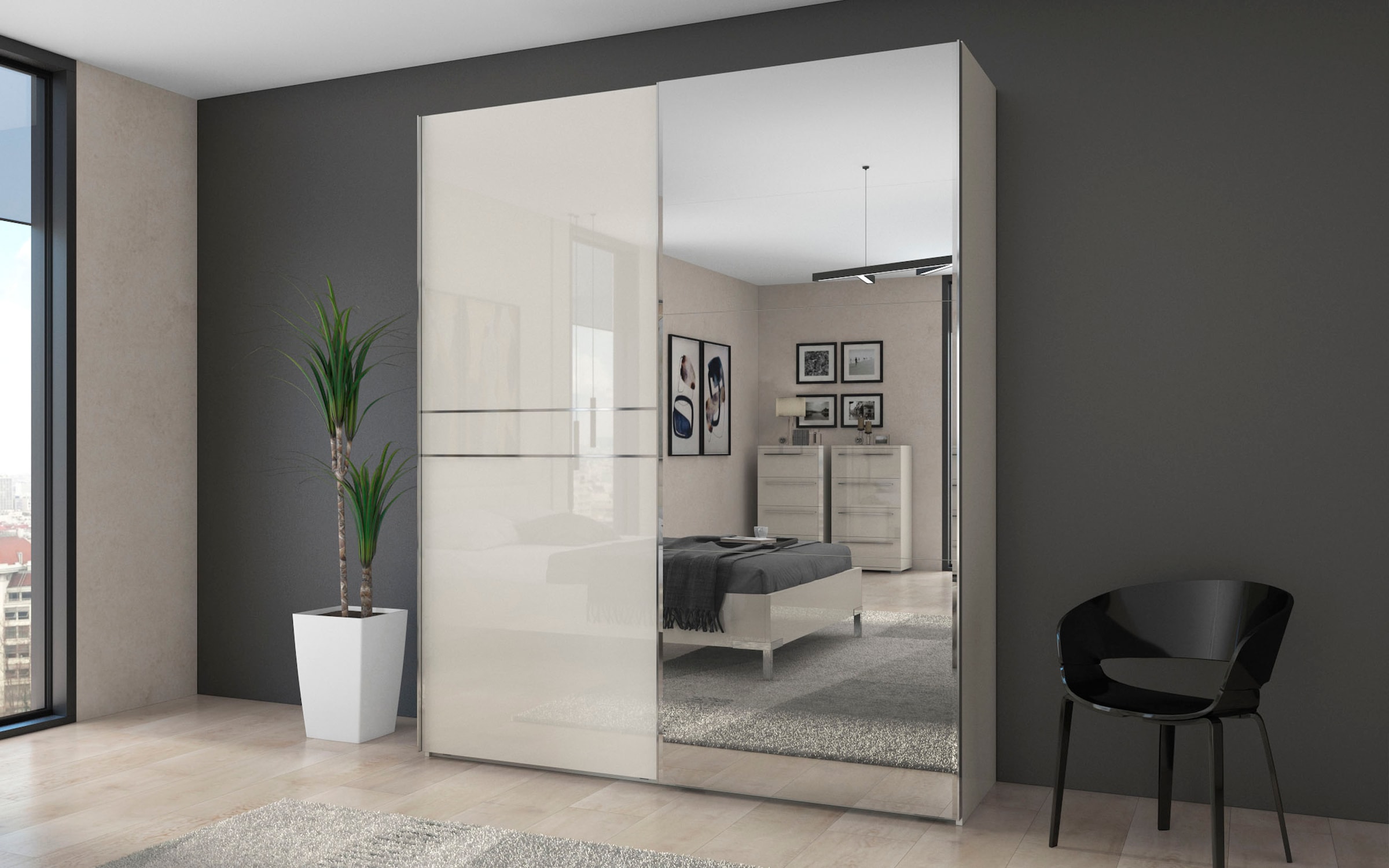 GOODproduct Schwebetürenschrank »Piano, mit Einlegeböden, Kleiderstangen, Spiegel, Türen soft-close« in 3 Breiten, 224cm hoch, mit verchromten Aufleistungen,  mit Spiegeltür, FSC-zertifizierter Holzwerkstoff