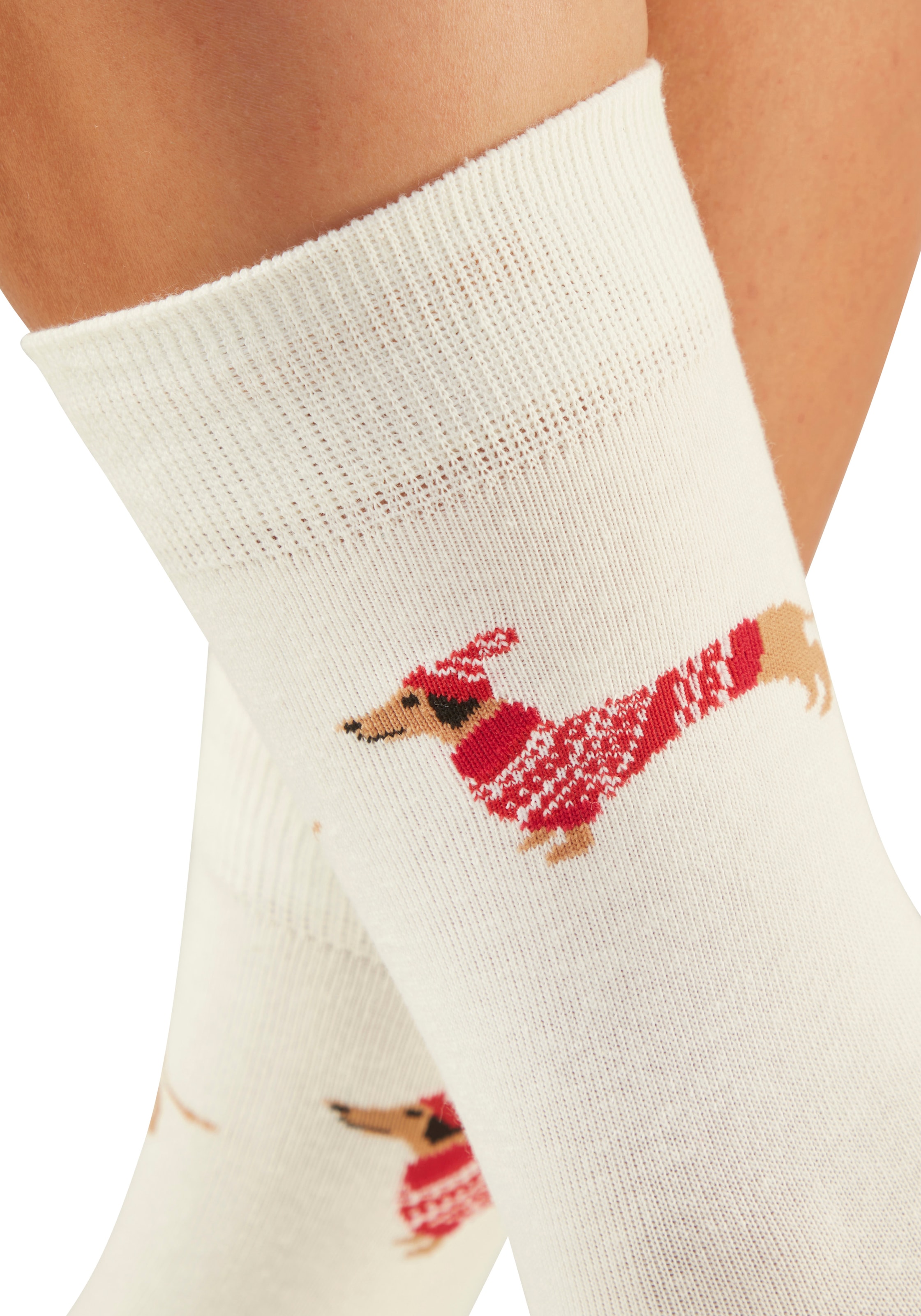 LASCANA Freizeitsocken »Damen Weihnachtssocken Dackel« Packung, 2 Paar tlg. mit festlichen Dackelmotiven