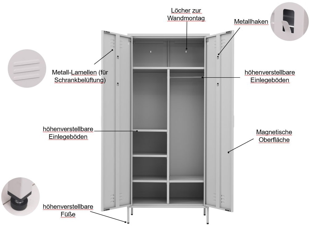 GOODproduct Armoire à portes battantes »Kleiderschrank Schrank Metallschrank Mehrzweckschrank Siena Spind« En 4 couleurs en métal,  réglable en hauteur, verrouillable