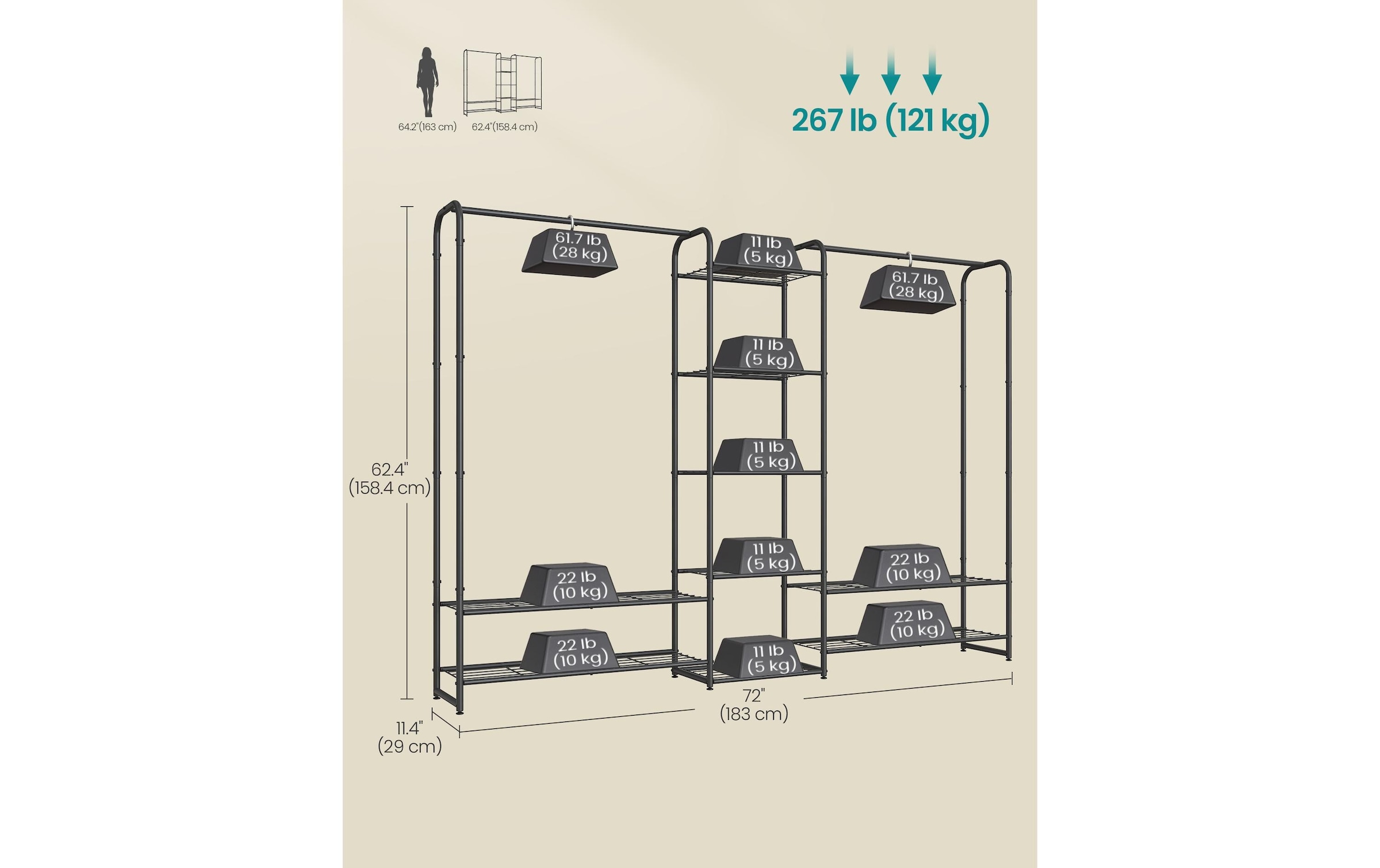 SONGMICS Garderobenständer »182.4 x 29 x 158.4 cm« Offener Kleiderschrank
