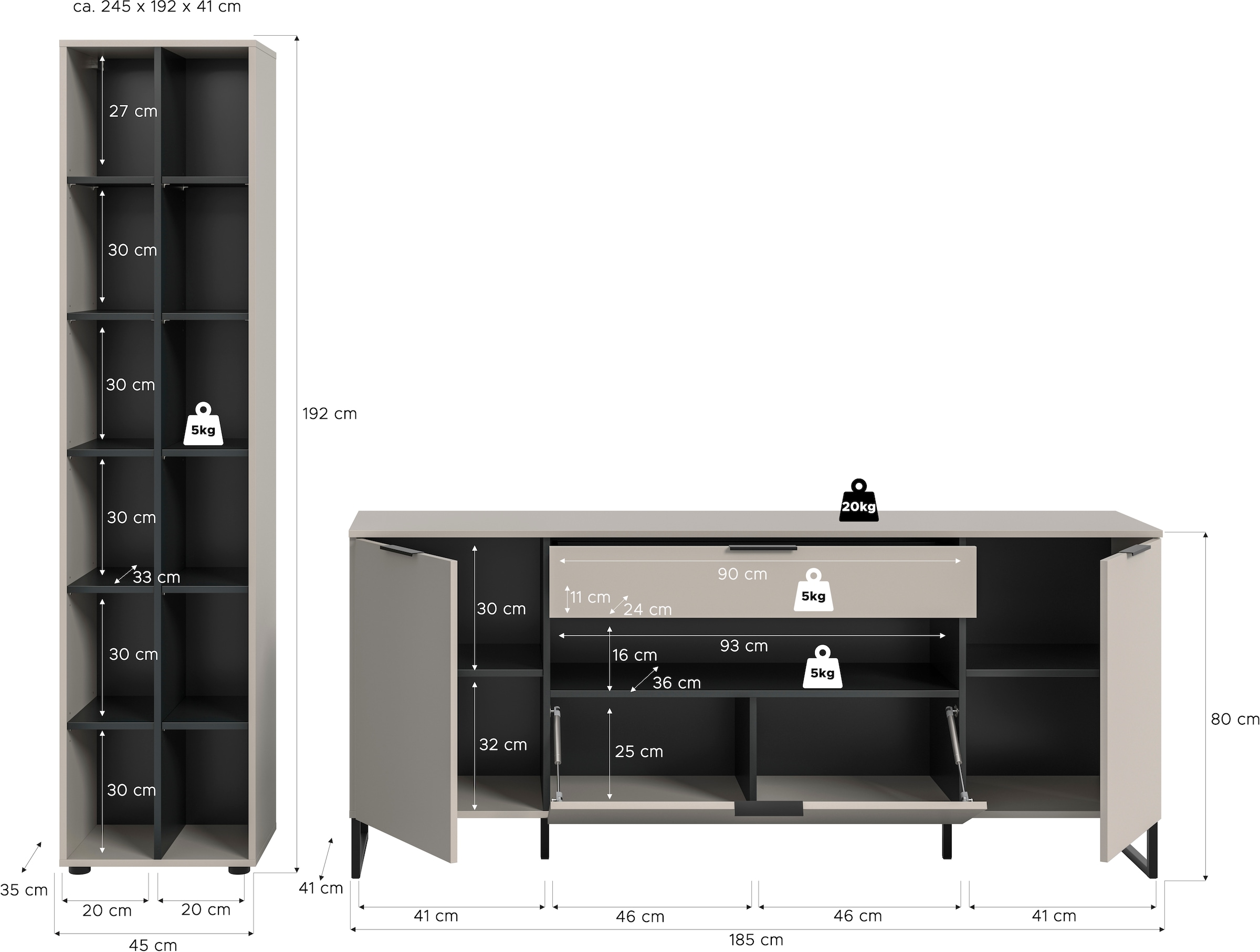 Home affaire Meuble mural »ADIO, Breite 245 cm, 2-teiliges Set, mit Metall-Kufenfüsse« Set, bestehend aus: Standregal und Sideboard, 2 cuis tlg.