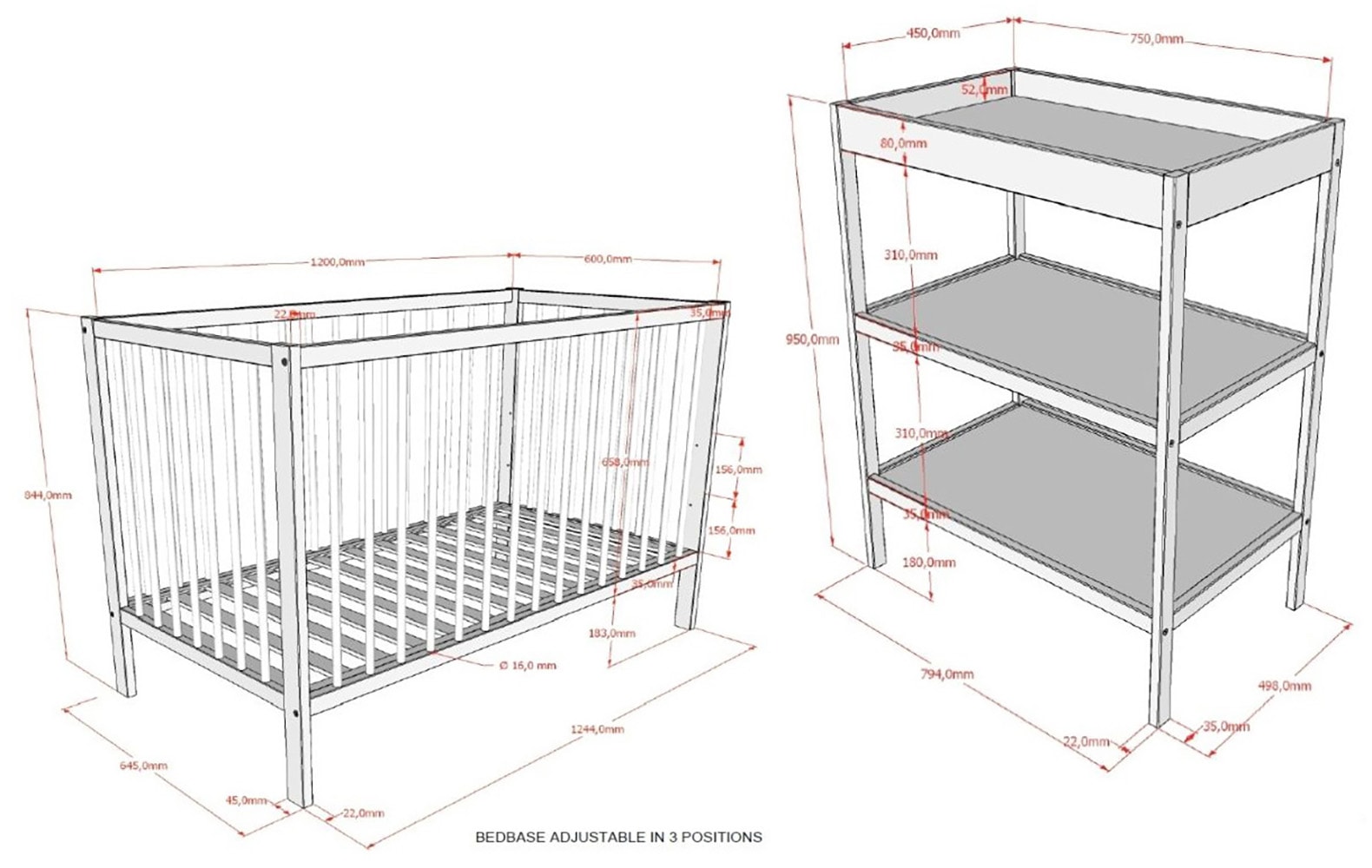 Vipack Ensemble de meubles pour bébé »DINO, ideal für Ihr Kinderzimmer, Made in Europe, Buche massiv« composé de lit bébé 60/120 et étagère à langer, 2 tlg. surface de couchage réglable en hauteur sur 3 positions, version hêtre couleur noyer