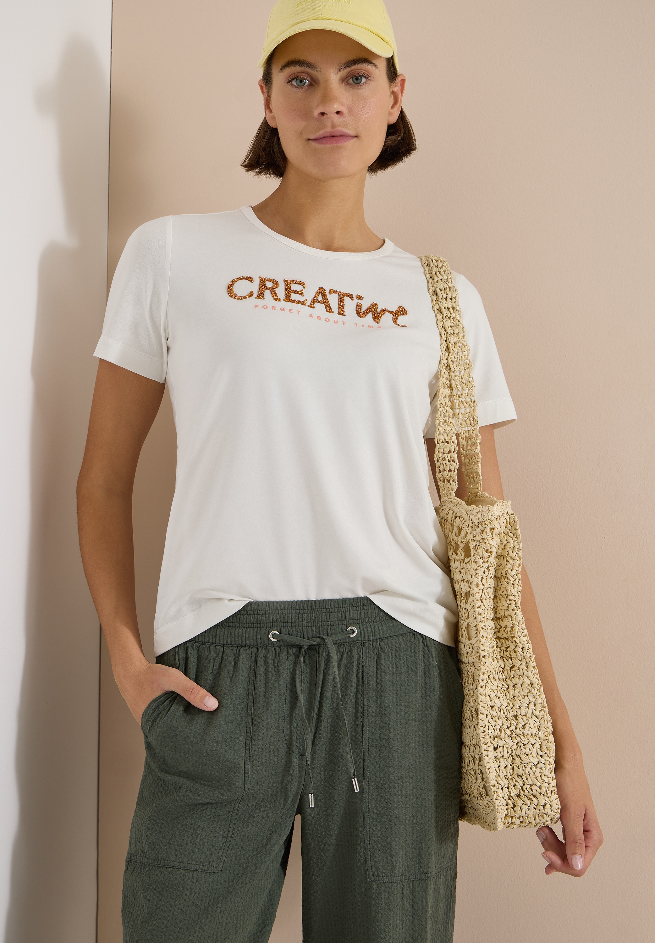 Cecil T-shirt imprimé Sommershirt mit Rundhals und Glitzer-Wording