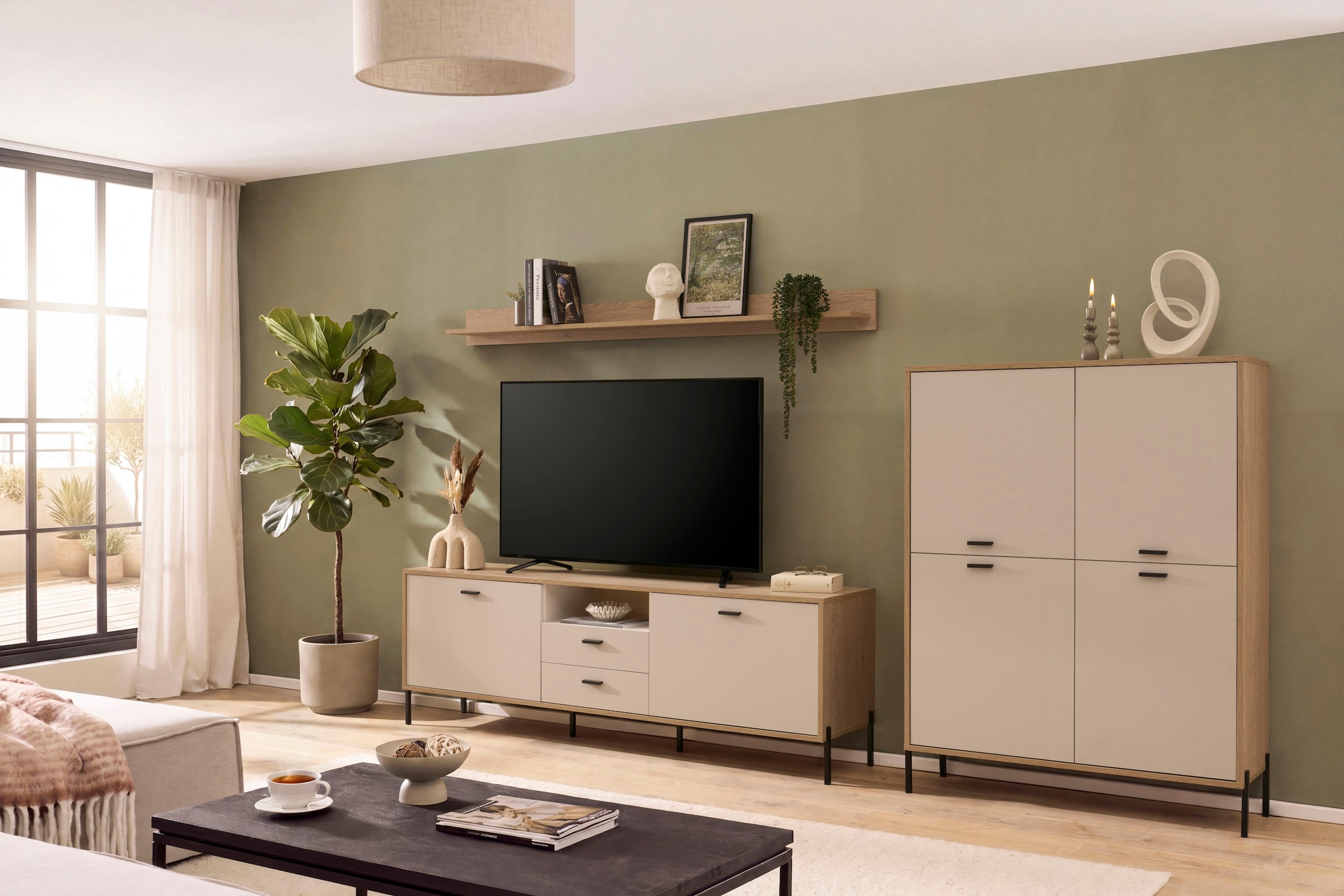 Home affaire Highboard »Fredericia, Hochkommode, modernder Stauraum in Kaschmir« zeitlos, schwarze Metallgriffe und -füsse, ausreichend Stauraum