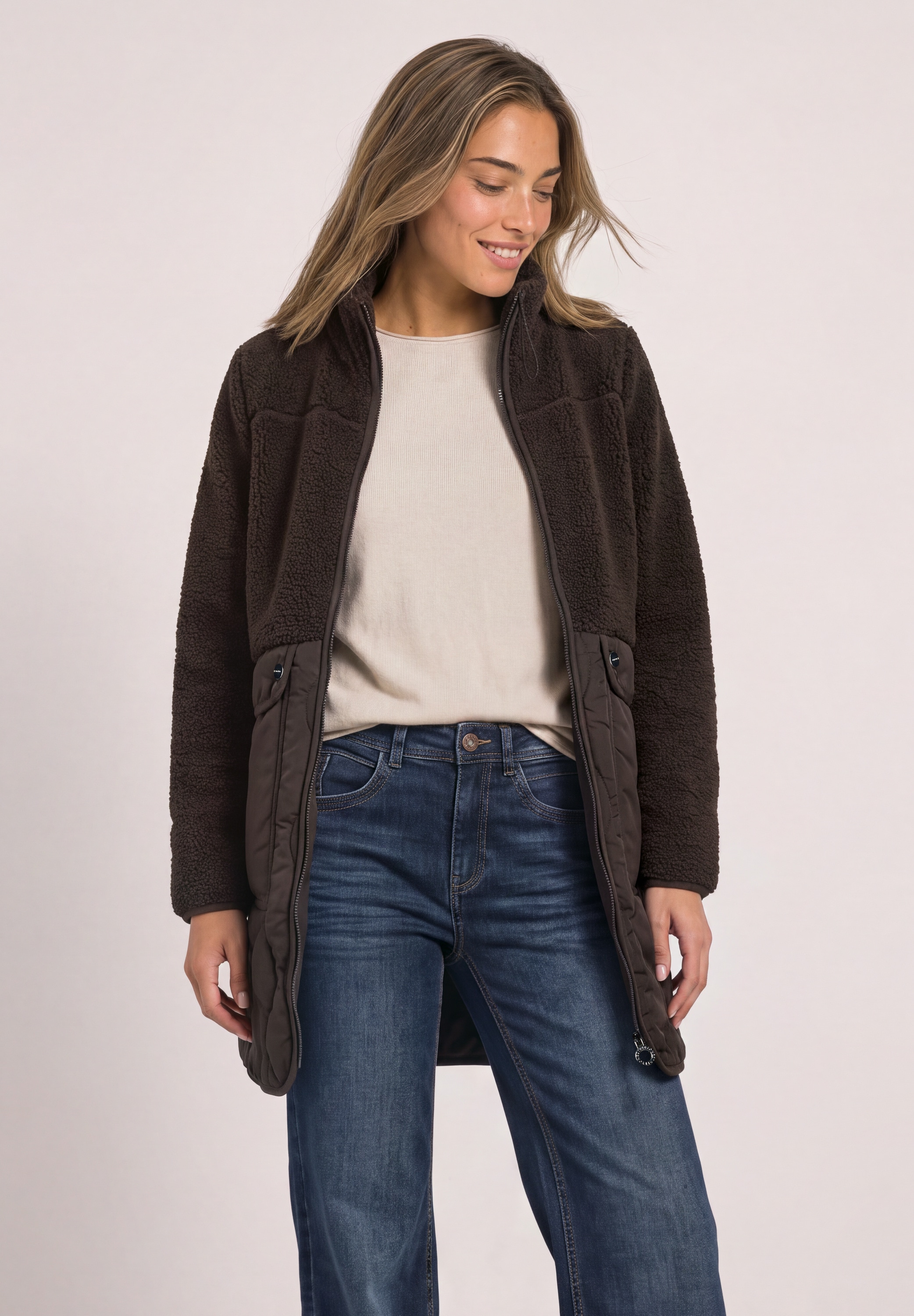 STREET ONE Langjacke ohne Kapuze Teddy-Mantel mit Strukturmix und Stehkragen