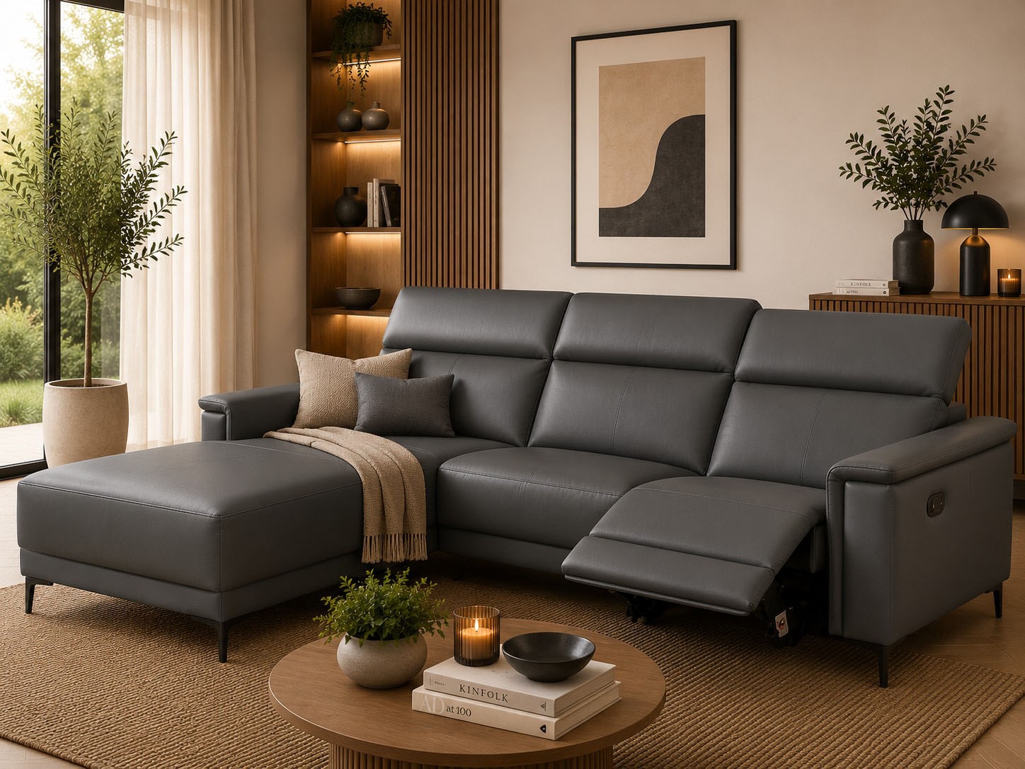 GOODproduct Canapé d'angle »LUND, Naturleder, L-Form, 261cm, man./elektr. Relaxfunktion (USB-A)« avec connexion USB A pour la version électrique et réglage de la tête de lit