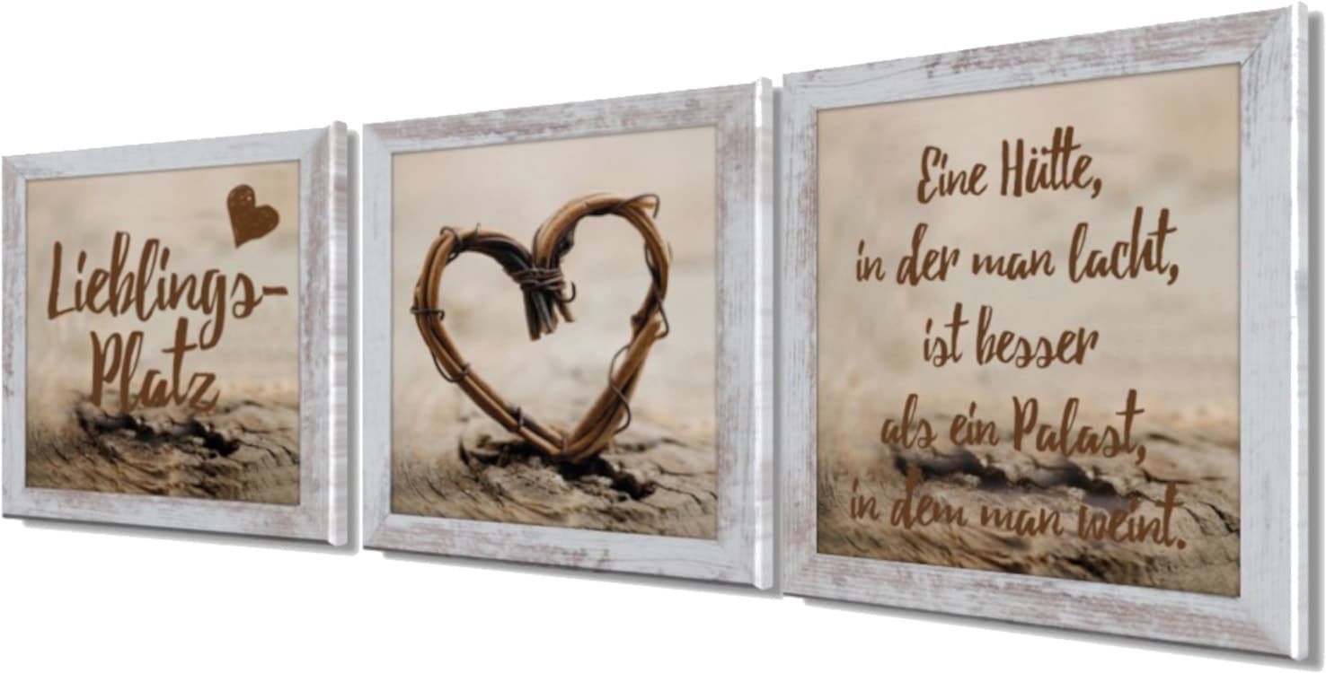 Bönninghoff Tableau avec cadre »3er-Set gerahmte Bilder LIEBLINGSPLATZ 3x23x23 cm – Wanddeko modern« Citations et textes | Cœur 1 cuis tlg. ensemble d'images multiples, harmonieusement coordonné