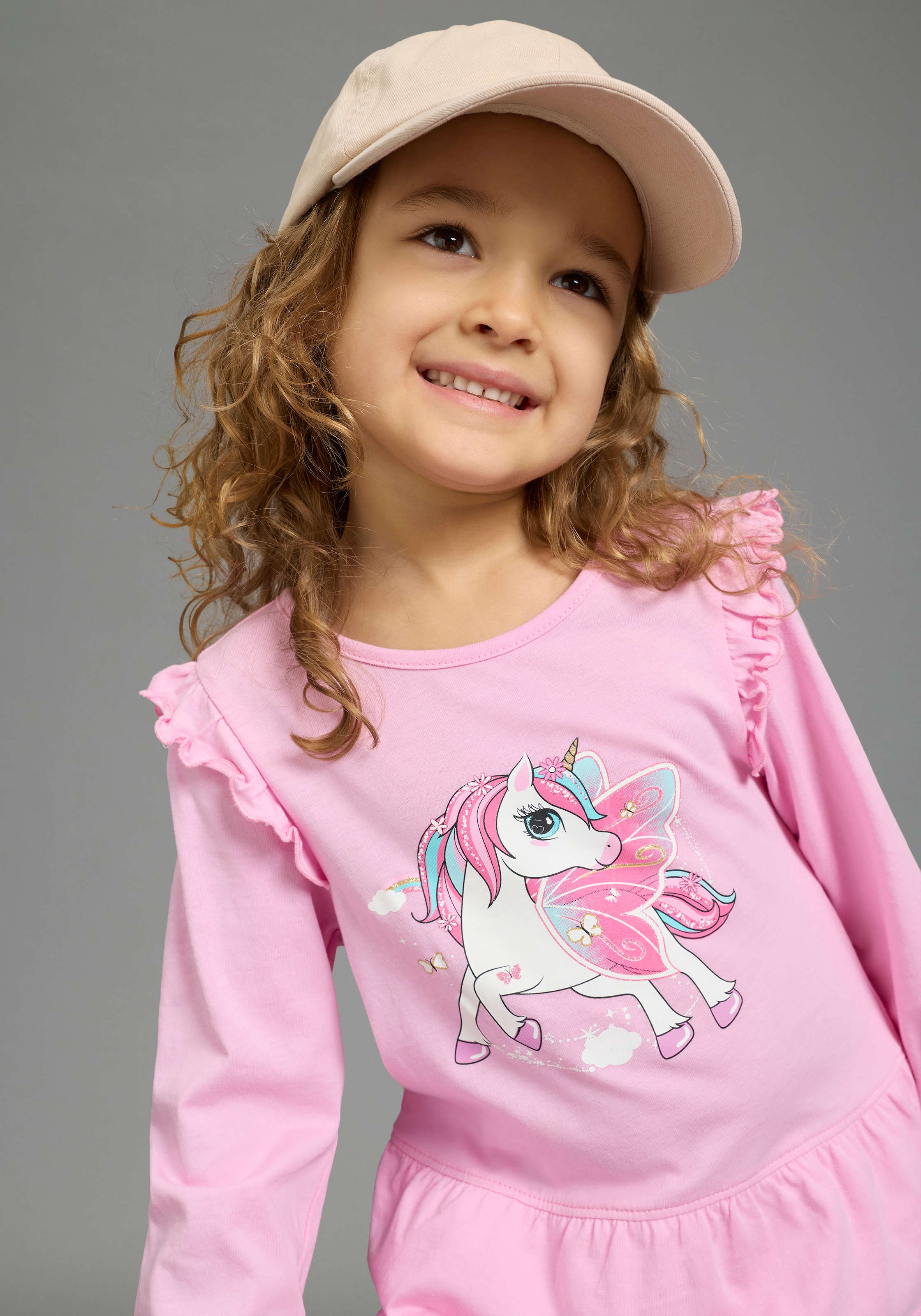 KIDSWORLD Robe en jersey »Süsses Shirtkleide mit Einhorn-Druck« pour filles, en single jersey de coton