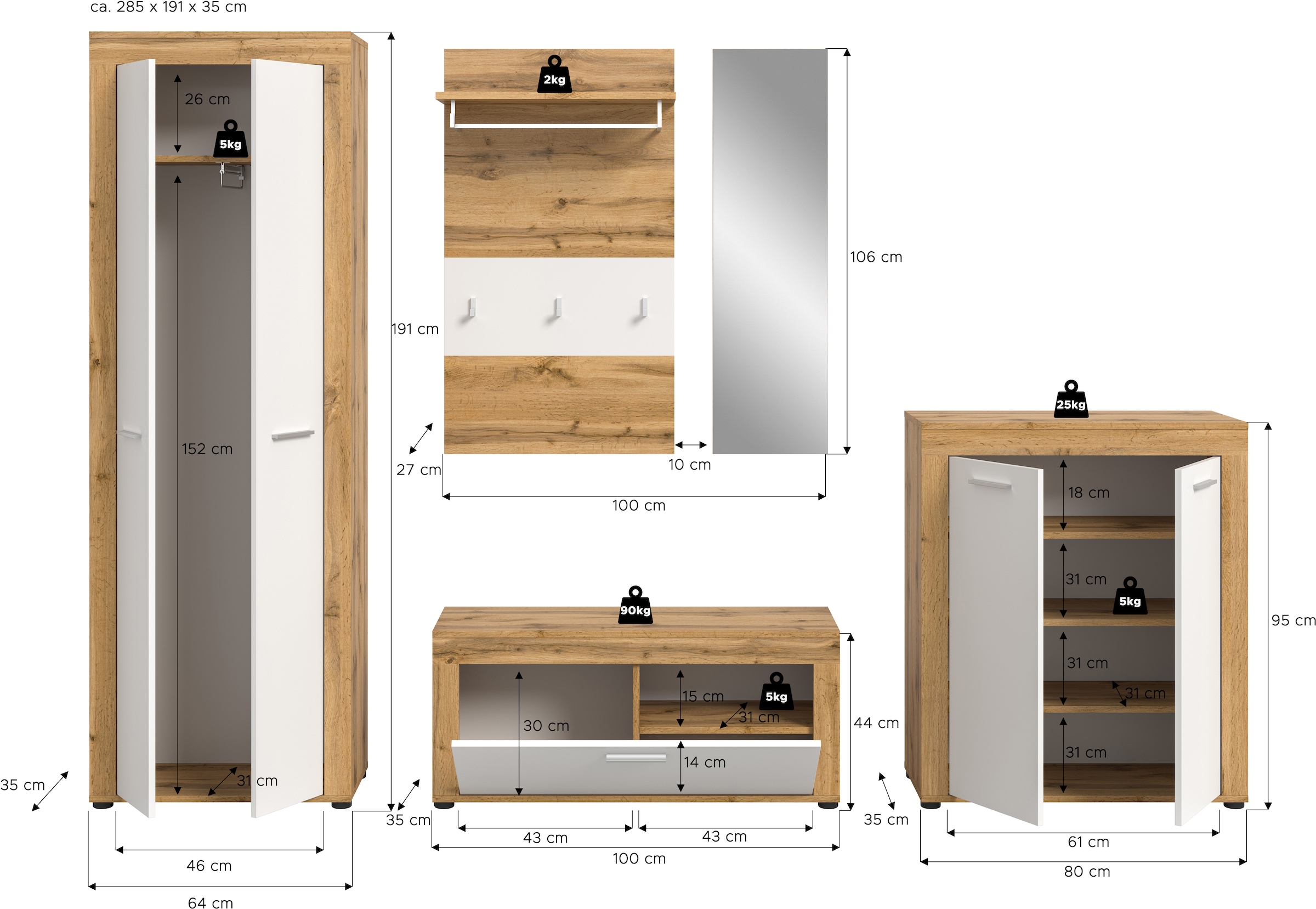 Home affaire Garderoben-Set »AOSTA, TOPSELLER!, Breite 285cm, 5-teilige Garderobenkombination« Set, bestehend aus: Garderobenschrank, Sitzbank, Paneel, Spiegel & Kommode, 5 Stk. tlg.