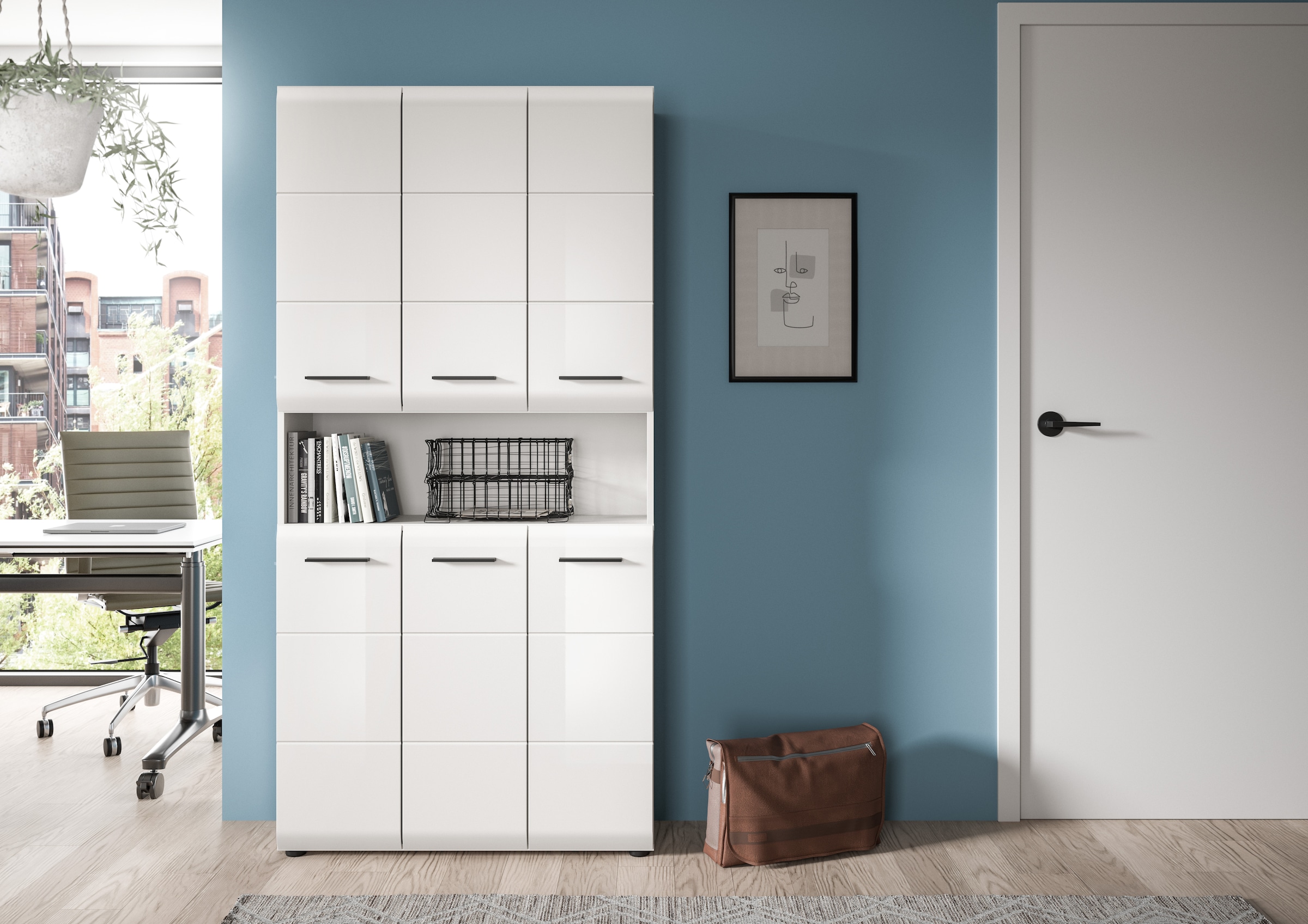 welltime Armoire de rangement 1 cuis tlg. Florenz, Mehrzweckschrank, Weiss Hochglanz Tiefzieh, 13 Fächer