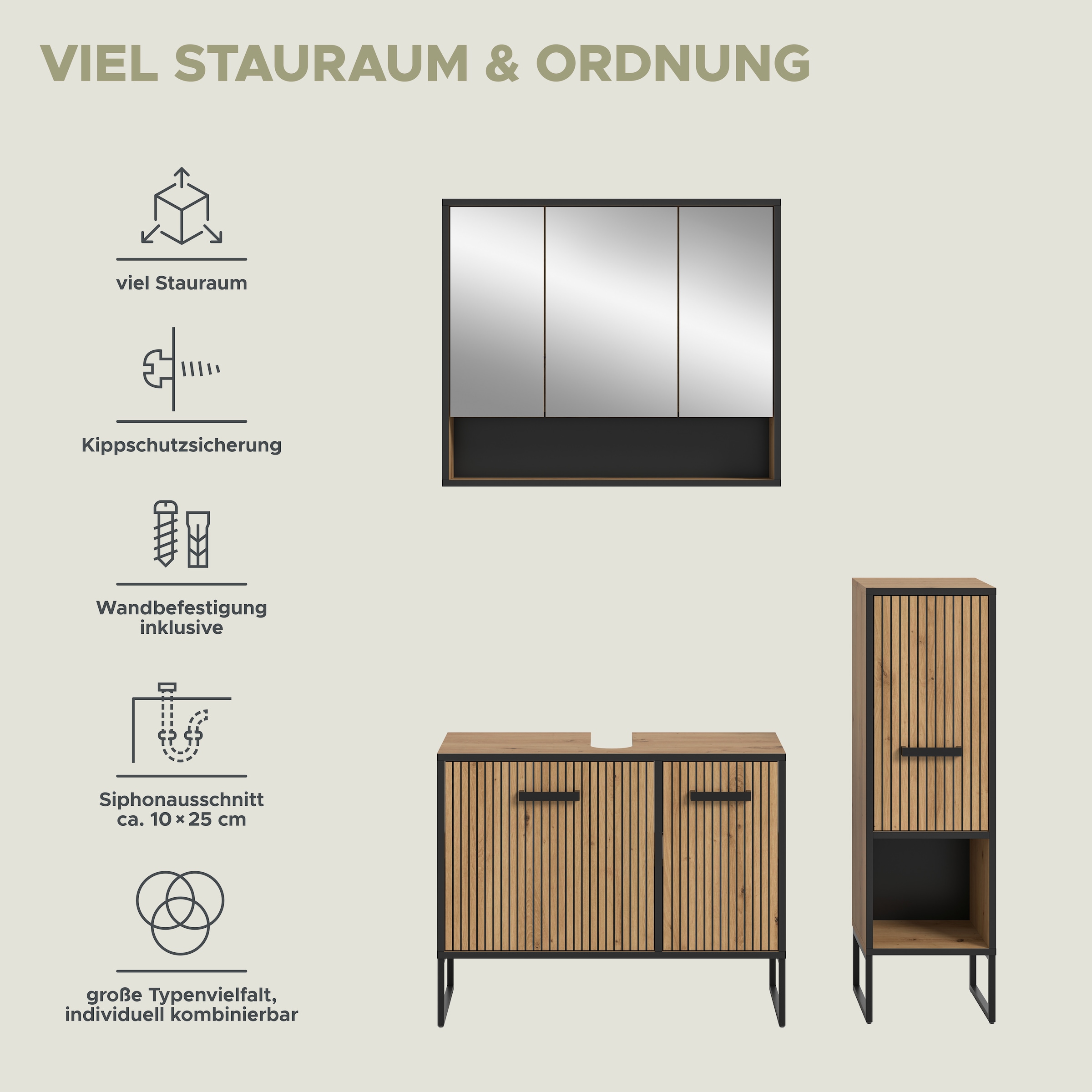 welltime Ensemble de meubles de salle de bain »LOCRI, 3-tlg. Badkombination, Breite 125 cm, Rillenoptik, Metallkufen« composé de : meuble sous lavabo, armoire miroir et armoire sur pied, 3 cuis tlg.