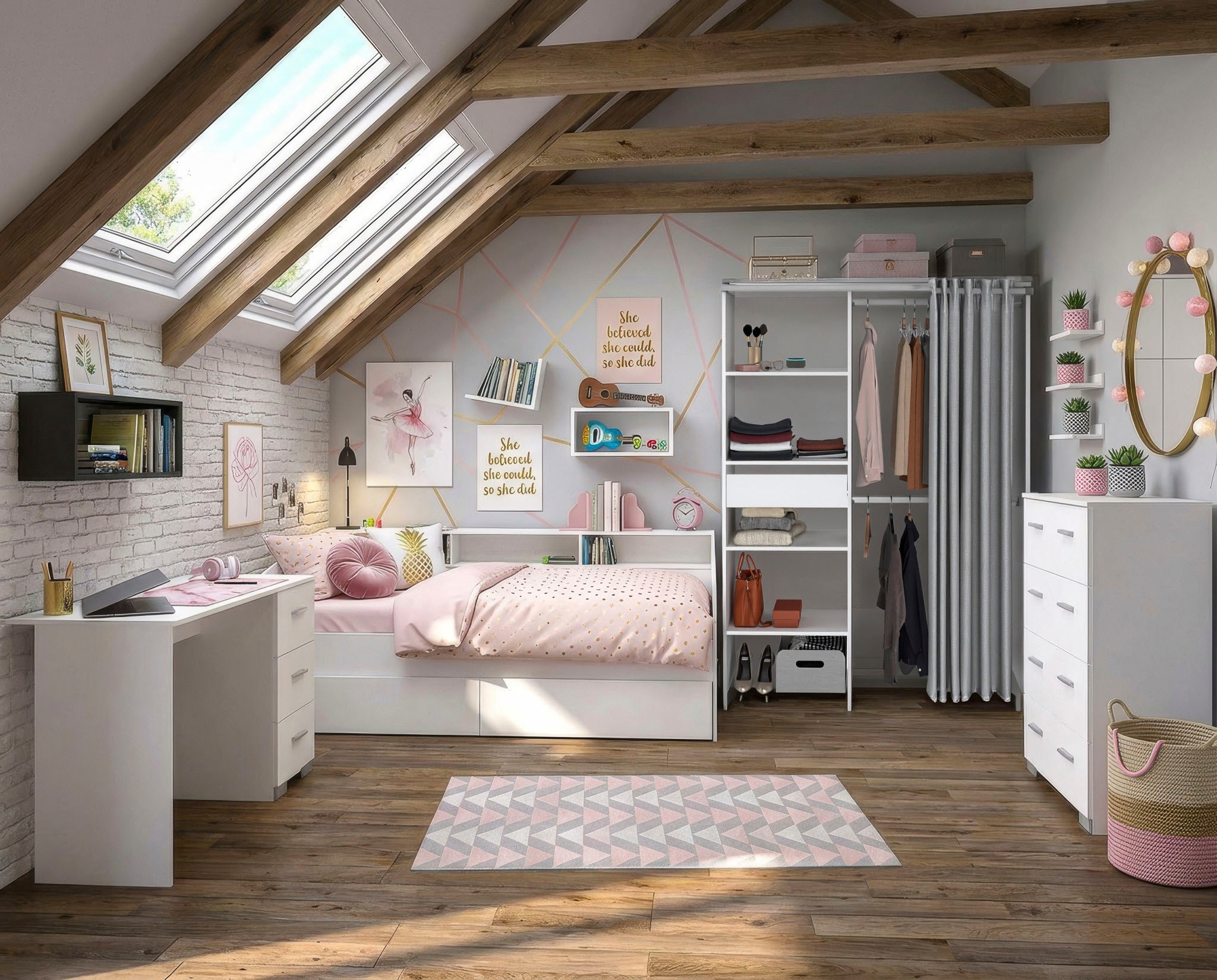 Parisot Set de chambre d'adolescent »Parisot Sleep 13« Ensemble, 5 tlg. paroi arrière du rangement pivotante - blanc ou chêne