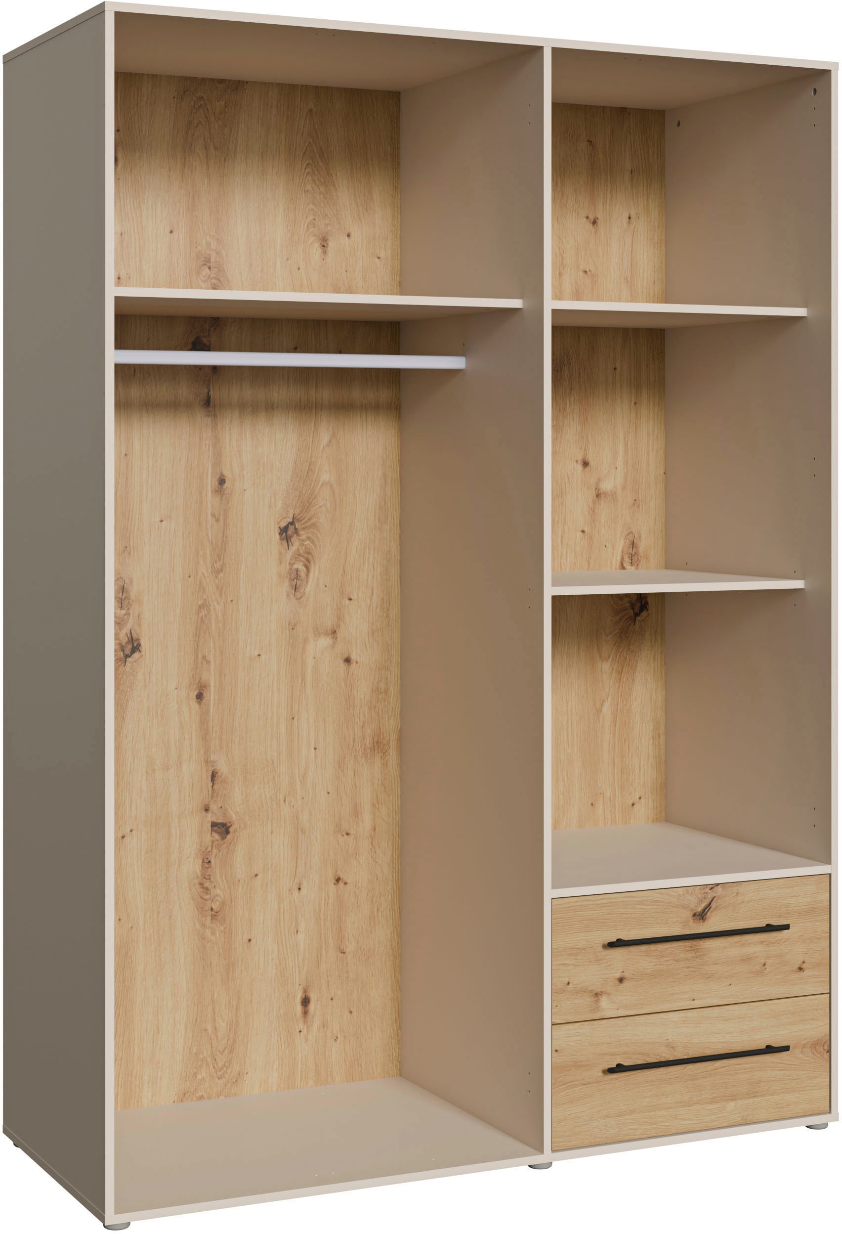 FORTE Armoires à vêtements »Mokkaris , Garderobe, zeitloses Design, 3 Türen, Made in Europe« L/H/P env. 144x200x59 cm,  Deux tiroirs, poignées barres noires, rangement, aussi en noir