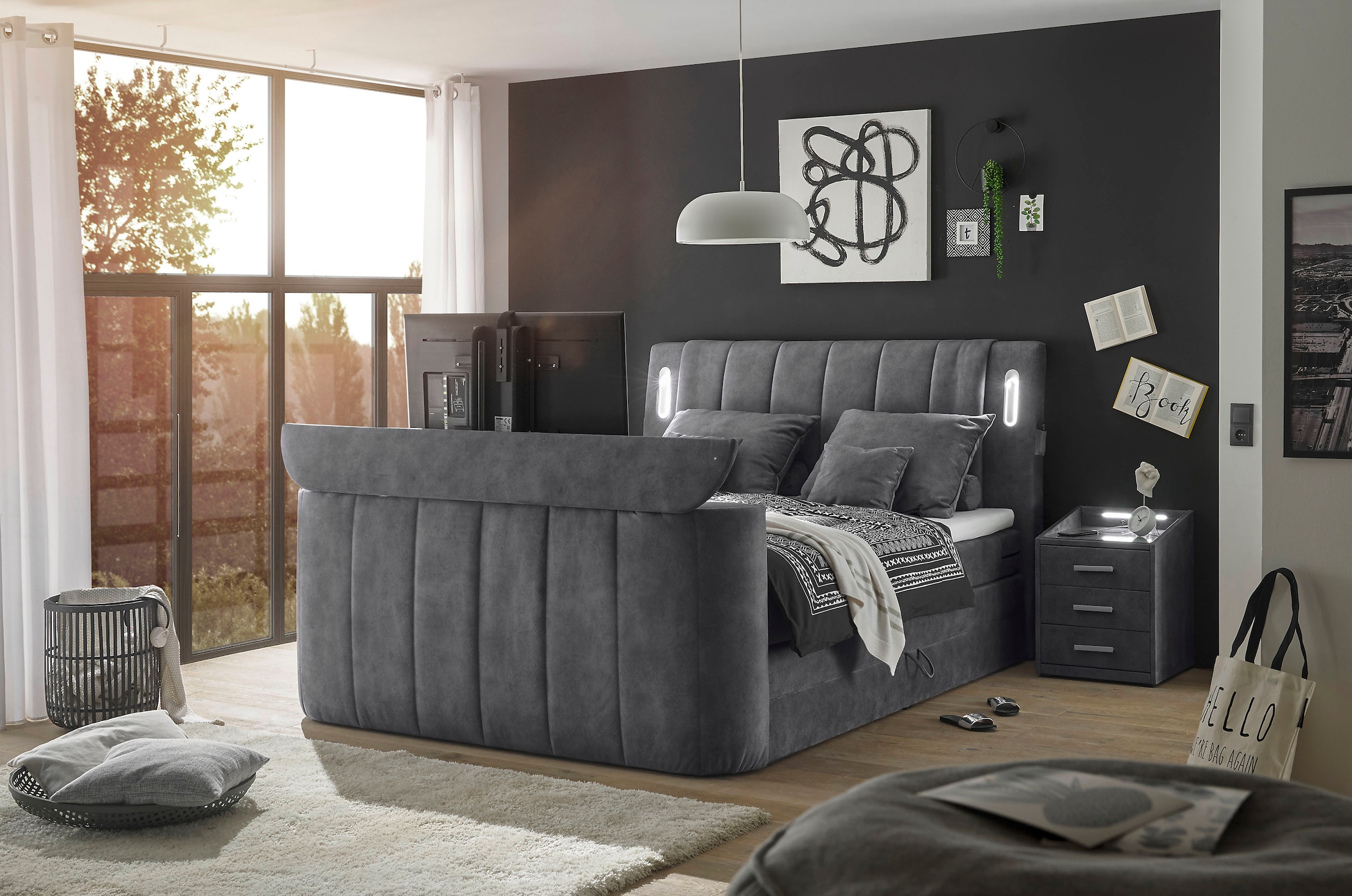 ED EXCITING DESIGN Boxspringbett »Dallas« 7 Stk. tlg. inkl. Topper, LED-Beleuchtung, TV Halterung und zwei Bettkästen