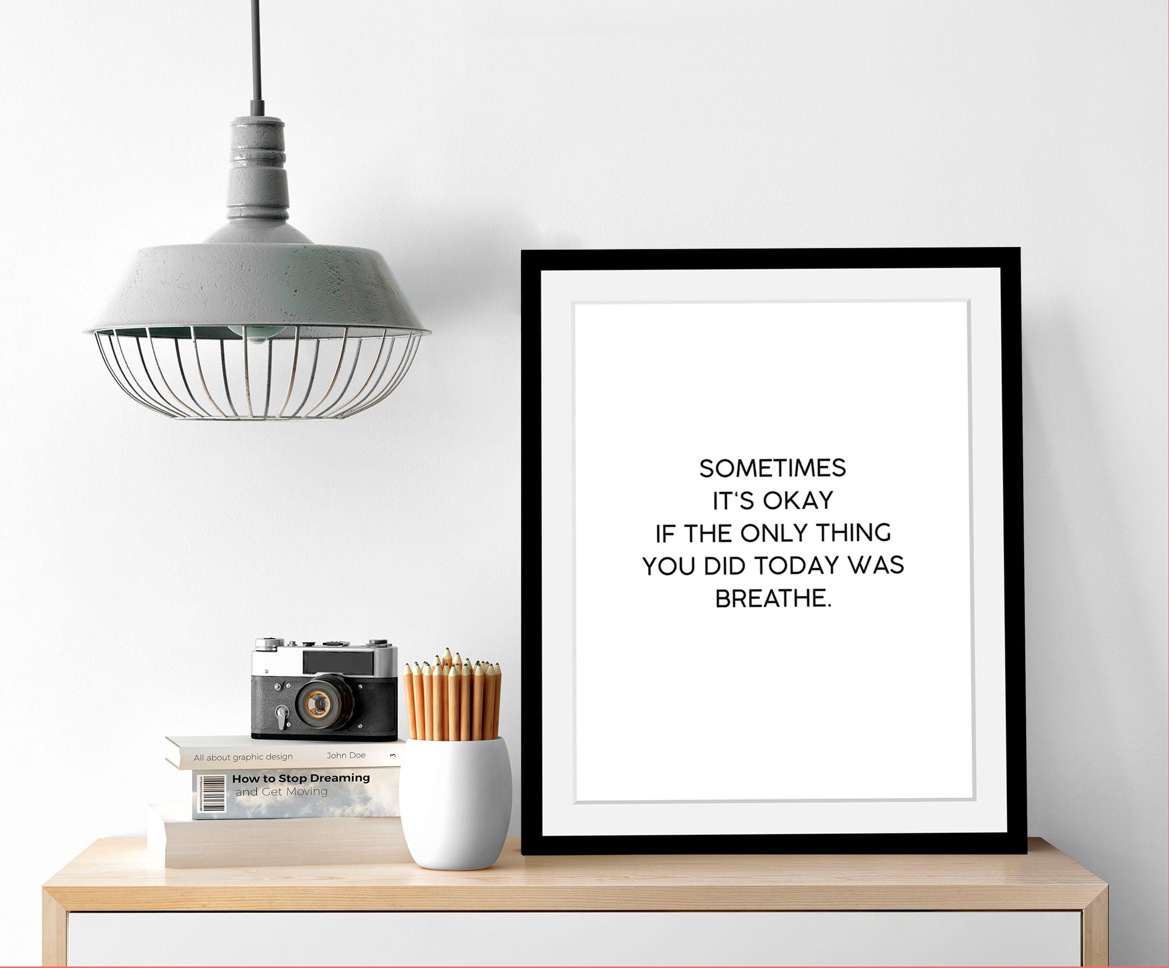 queence Bild »Breathe« Motivationsbilder | Schriftzug | Schwarz-Weiss | Spa | Spa Bilder HD Premium Poster-Druck inkl. Holzrahmen