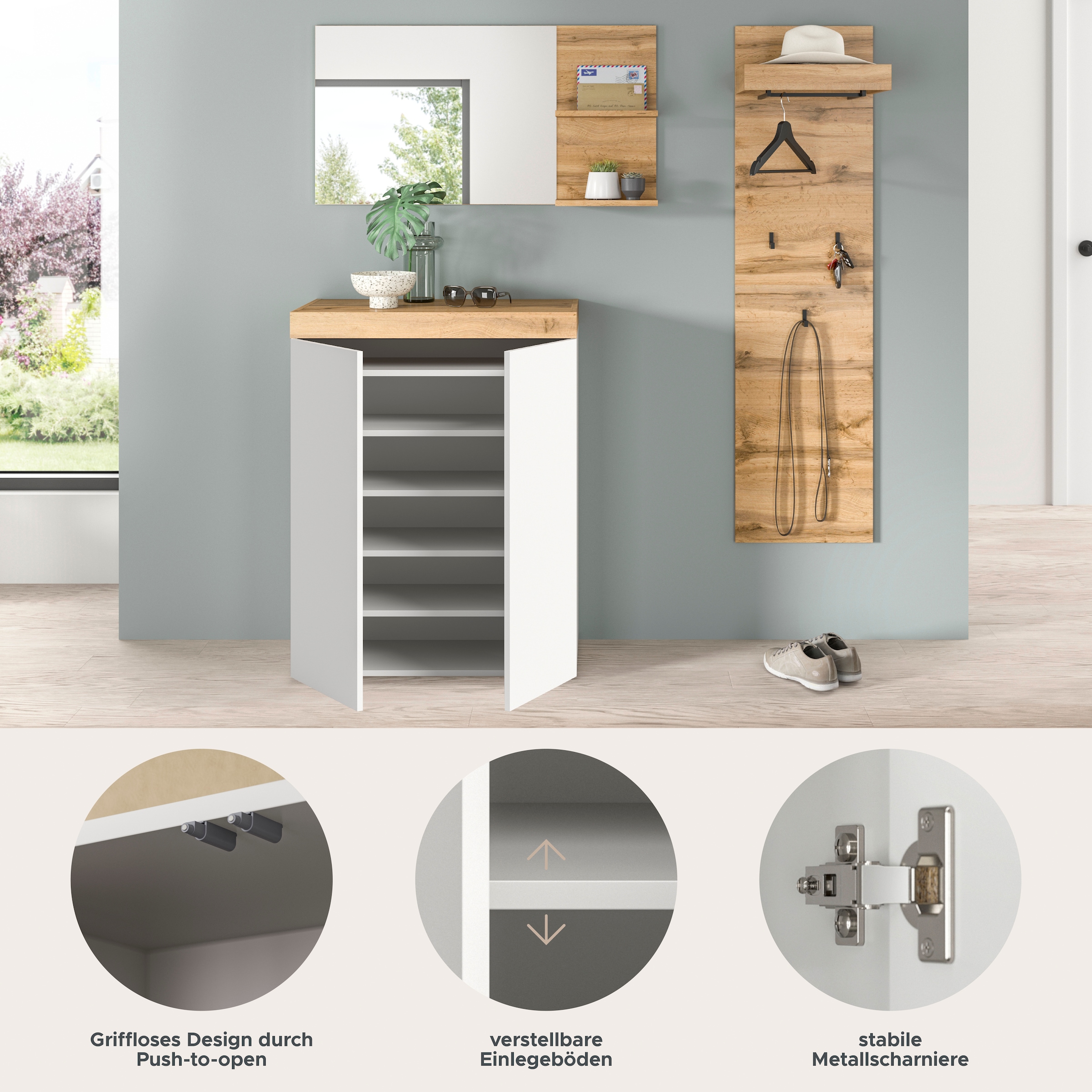 GOODproduct Ensemble de vestiaires »MAMBO, TOPSELLER!, 3-teilige Kombination, stehend & hängend montierbar« bestehend aus: Kommode, Spiegel, Garderobenpaneel, 3 cuis tlg.