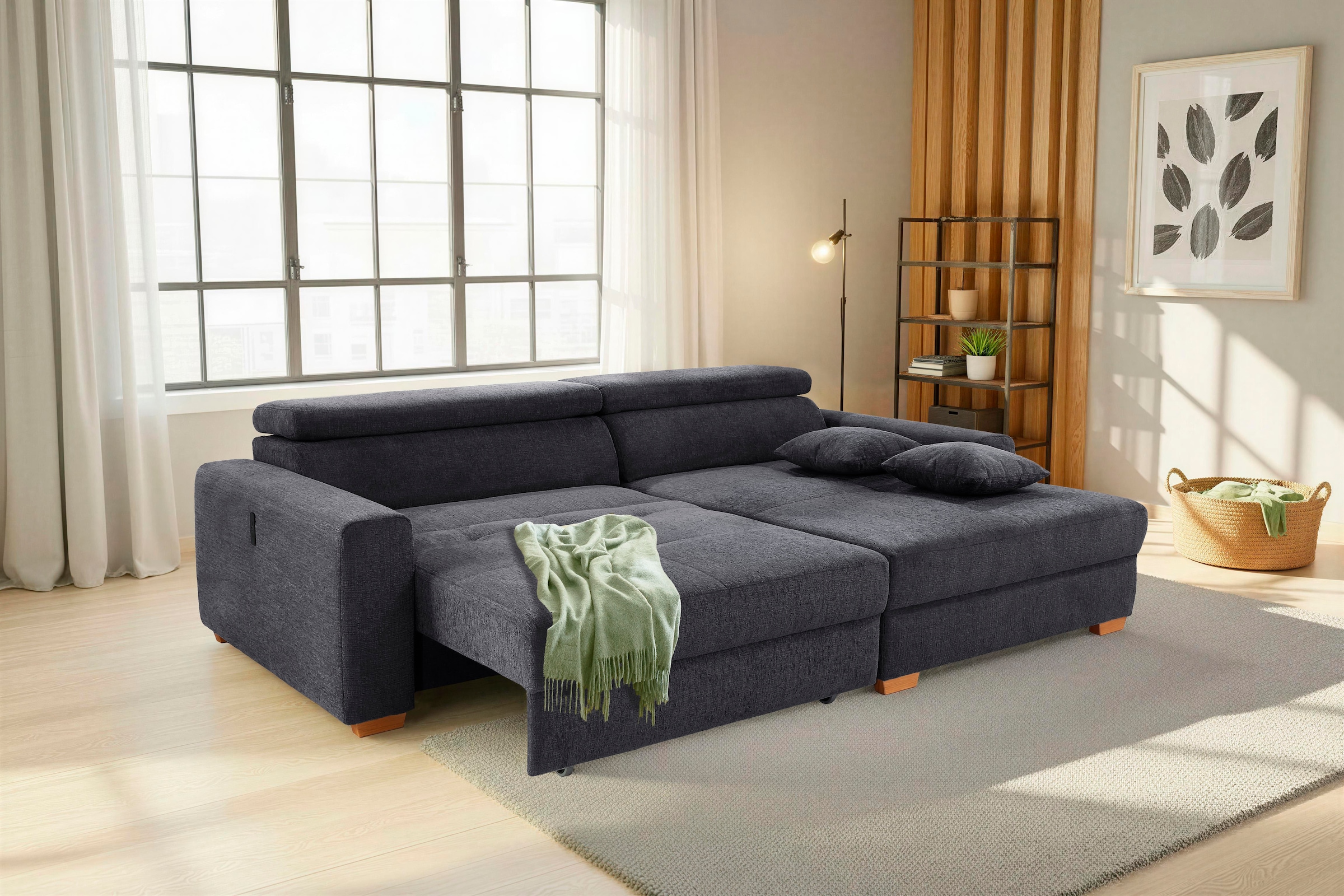 Jockenhöfer Gruppe Canapé d'angle »Slider L-Form, B: 277 cm Couch, 60cm elektrische Sitztiefenverstellung« capacité 140kg, connexion USB, réglage de la tête & coussin décoratif