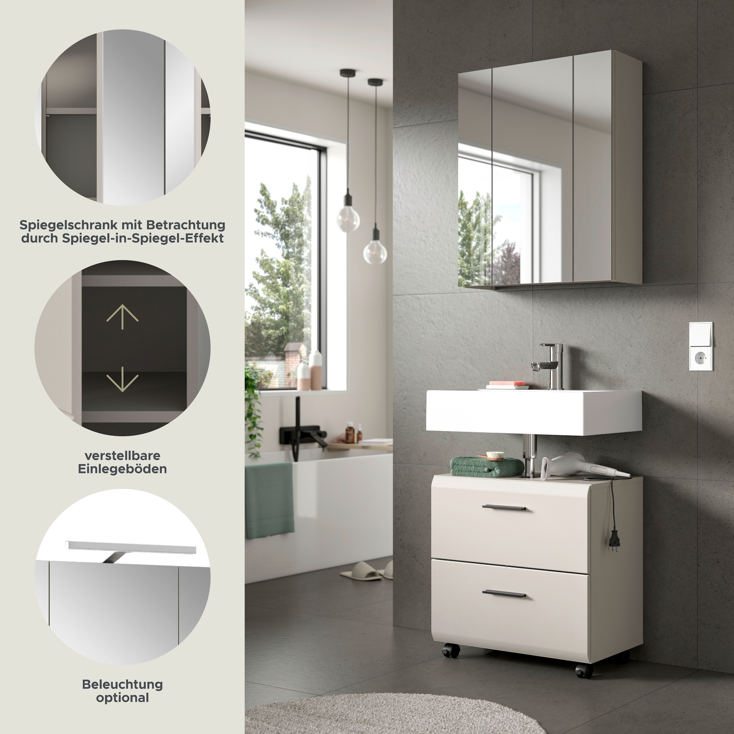 welltime Badmöbel-Set »FLORENZ, 2-tlg. Bad-Kombination, hochwertige MDF-Front« best. aus: 1 Spiegelschrank, 1 Waschbeckenunterschrank, 3 Stk. tlg.