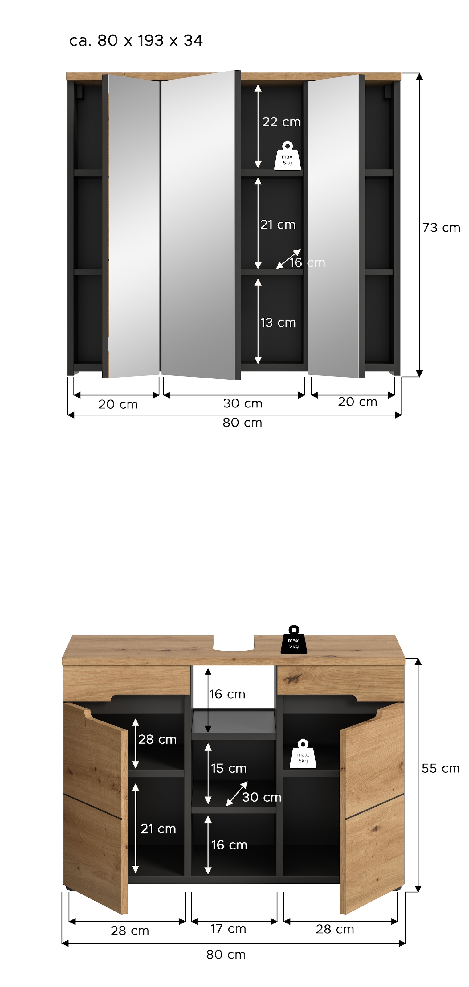 INOSIGN Badmöbel-Set »REHAT, 2-teilig, Breite 80 cm, mit Grifflosen Fronten, bestehend aus:« 2 Stk. tlg.