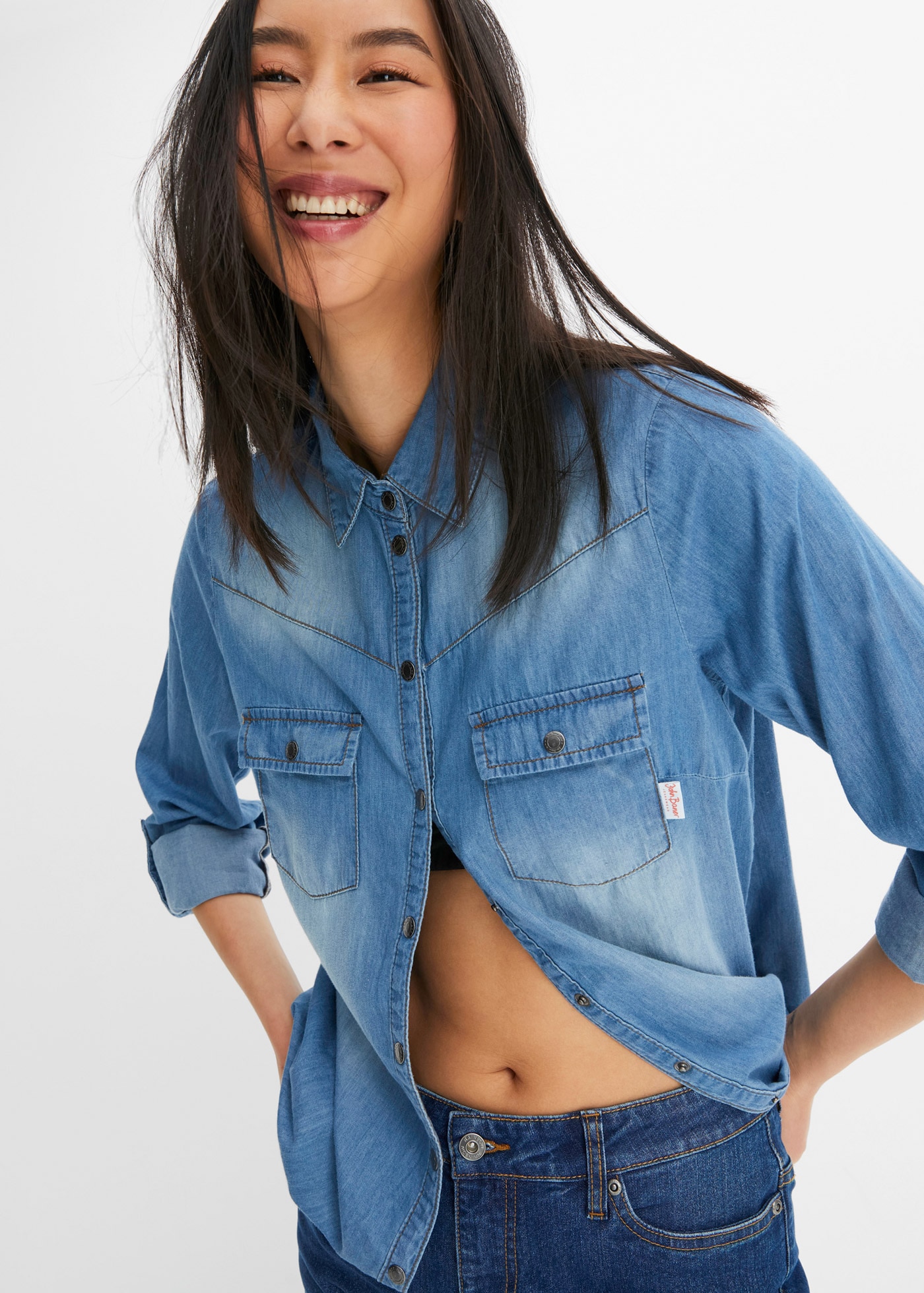 bonprix Jeansbluse »Jeansbluse mit Druckknöpfen, Langarm« mit Druckknöpfen, schmal geschnitten