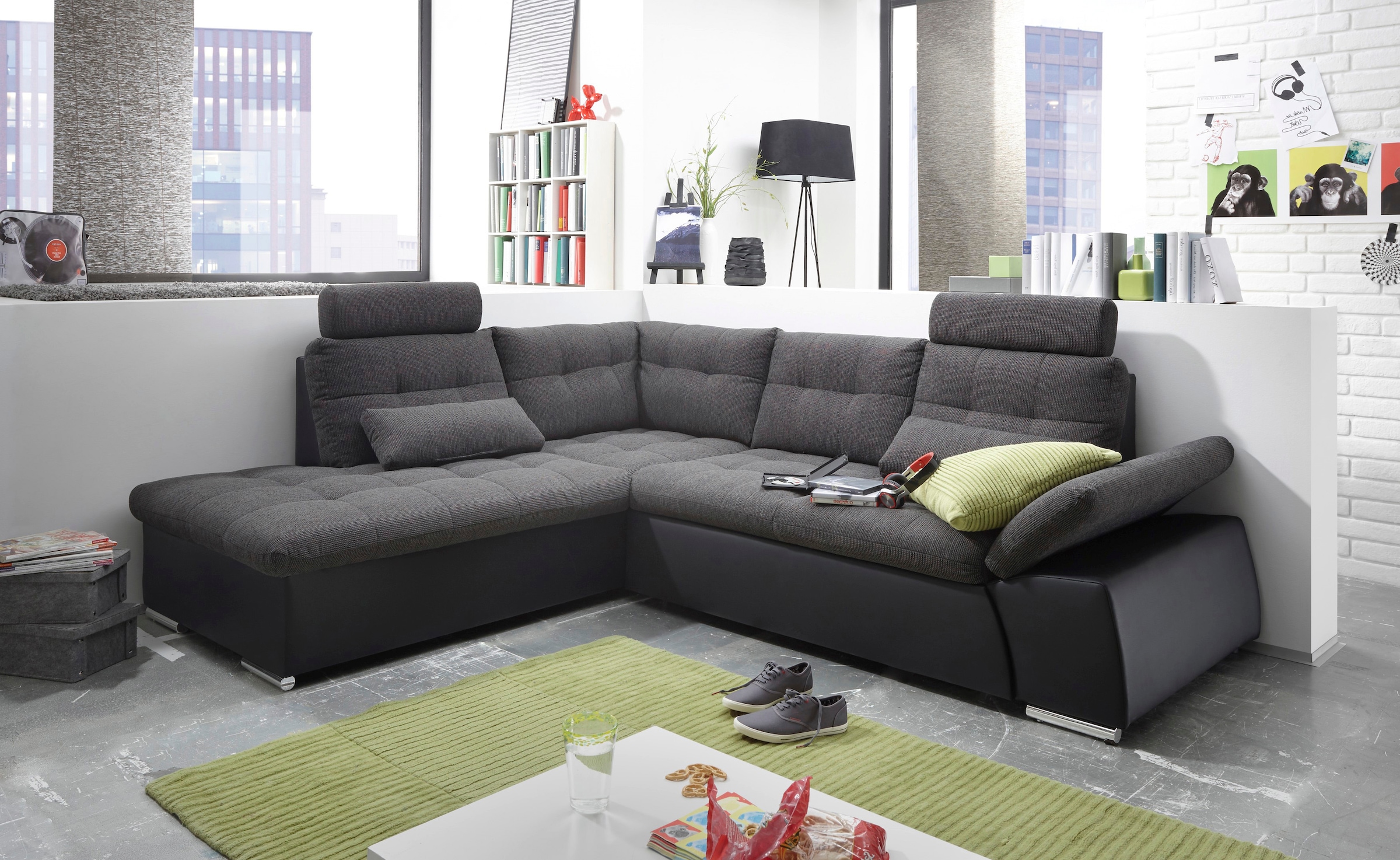 ED EXCITING DESIGN Canapé d'angle »Jakarta L-Form« avec fonction lit, réglage des accoudoirs, appuie-têtes & 2 coussins lombaires