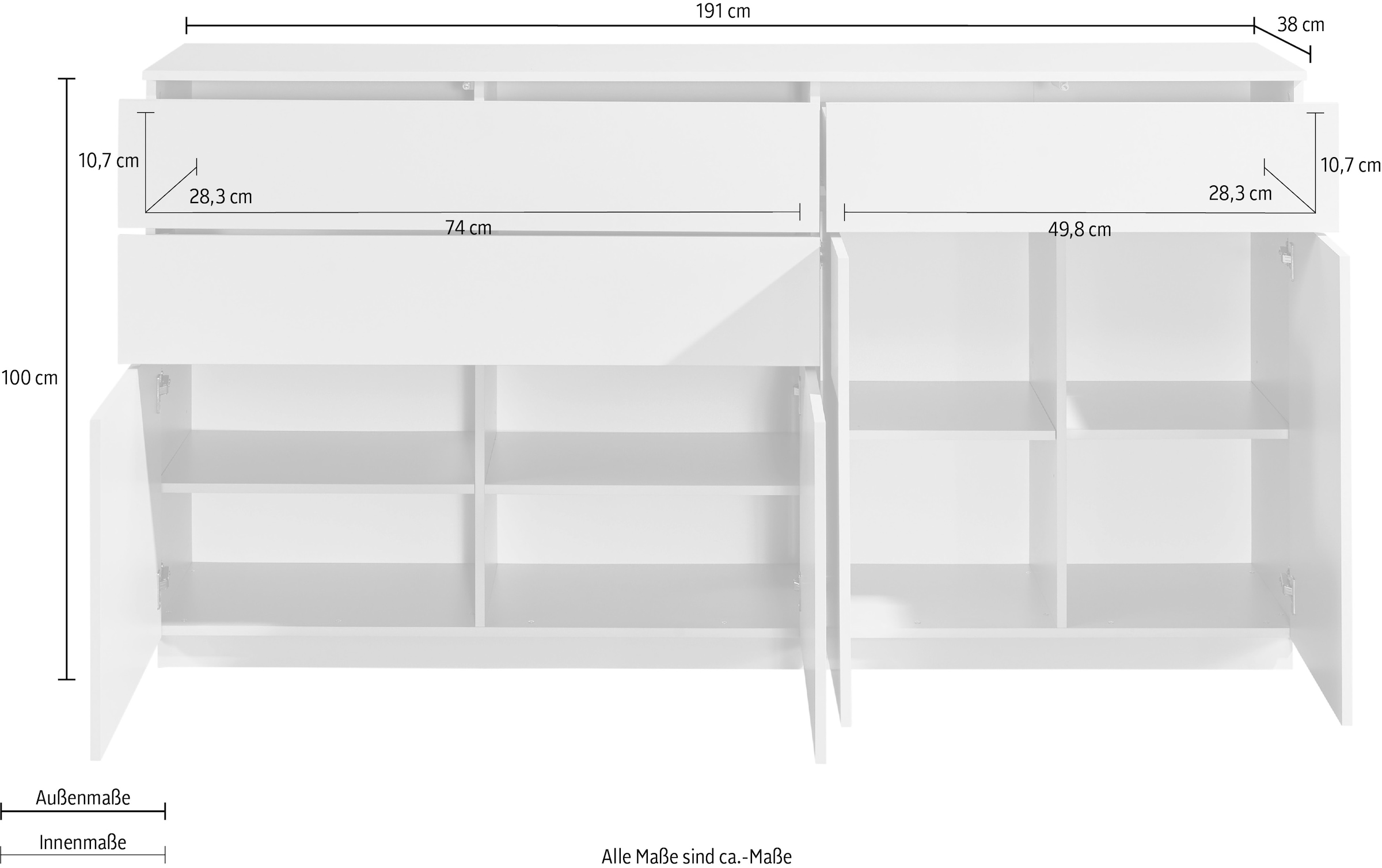 HBZ Sideboard »Vince Sideboard, B/H/T 191x100x38 cm« 1 cuis tlg. Breite 191 cm, Push-to Open, Melaminbeschichtung