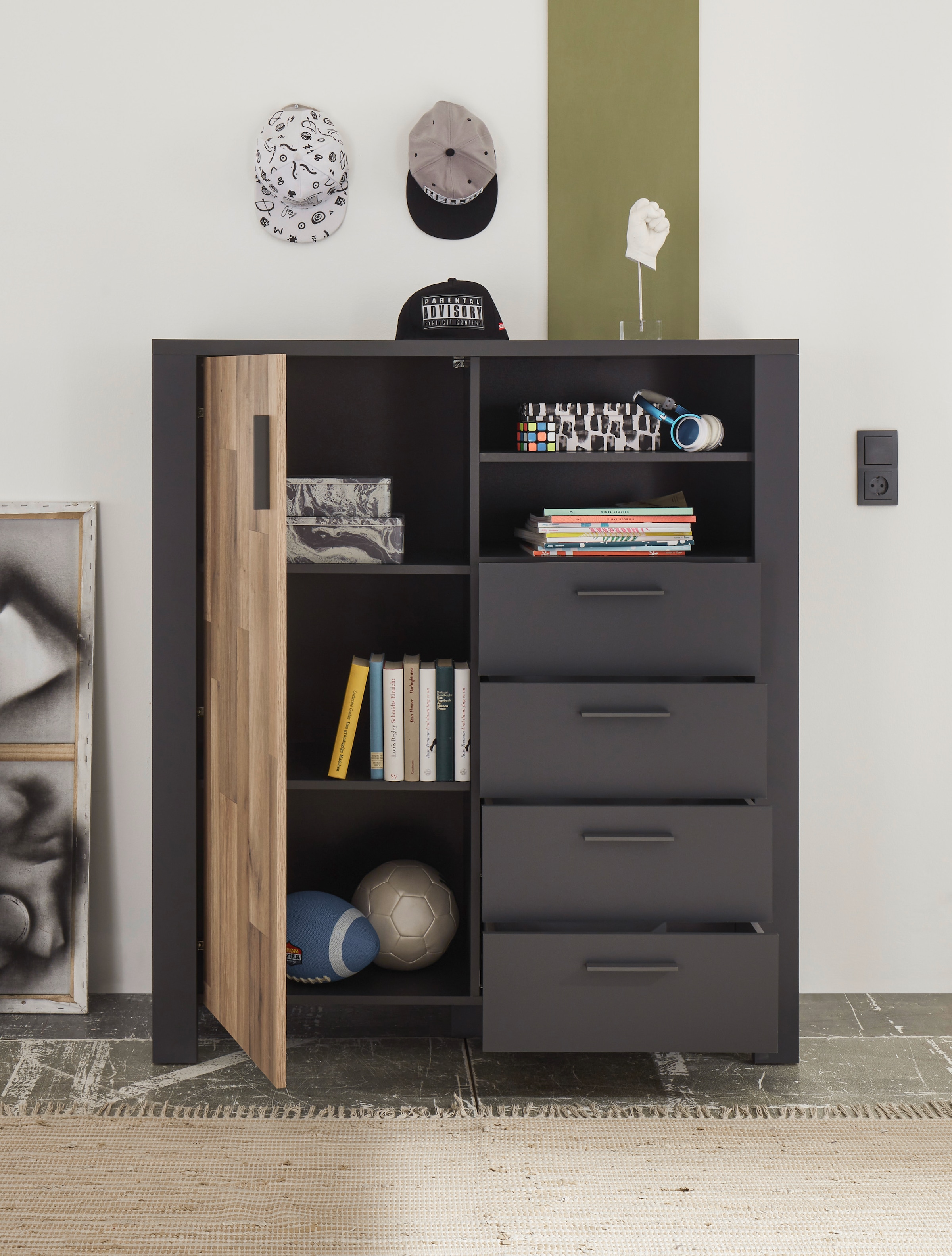 Begabino Schubkastenkommode »Dallas Hochkommode, Sideboard, Wäscheschrank« mit Schubkästen, Schrank in Montana Oak-Graphit