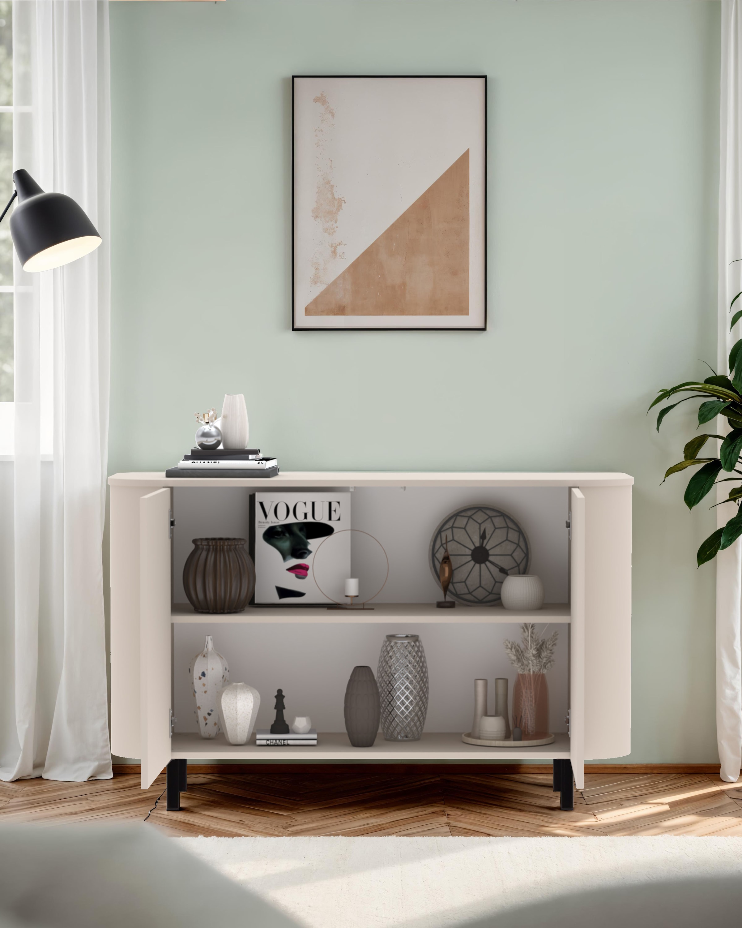 GOODproduct Sideboard »Lido, 131 cm breit, 2 Türen, Anrichte, Kommode, Stauraumschrank« Formgebogenes MDF, Stirnseiten mit Rundung, Push-to-open, Metallfüsse