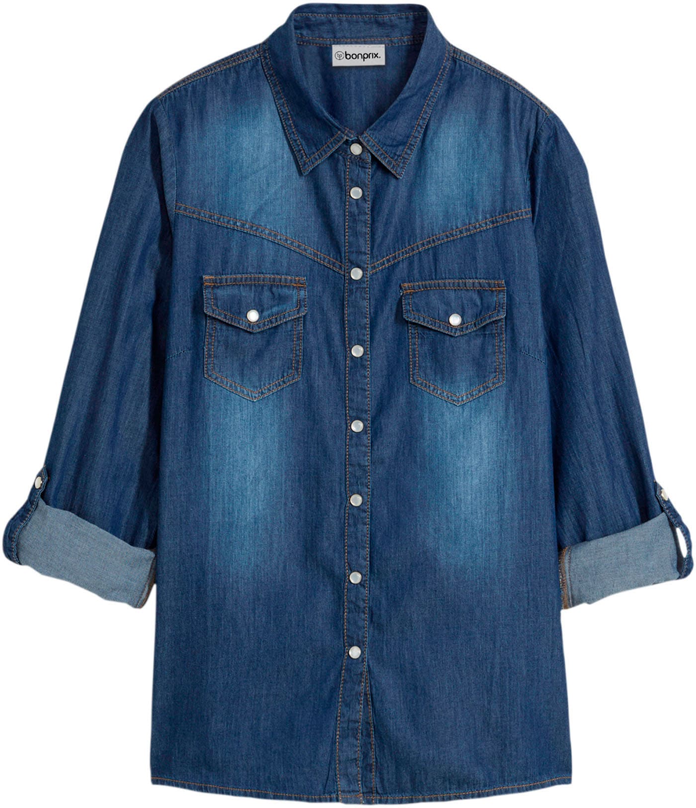 bonprix Blouse en jean schmale Passform, aus reiner Baumwolle, mit Druckknopfleiste