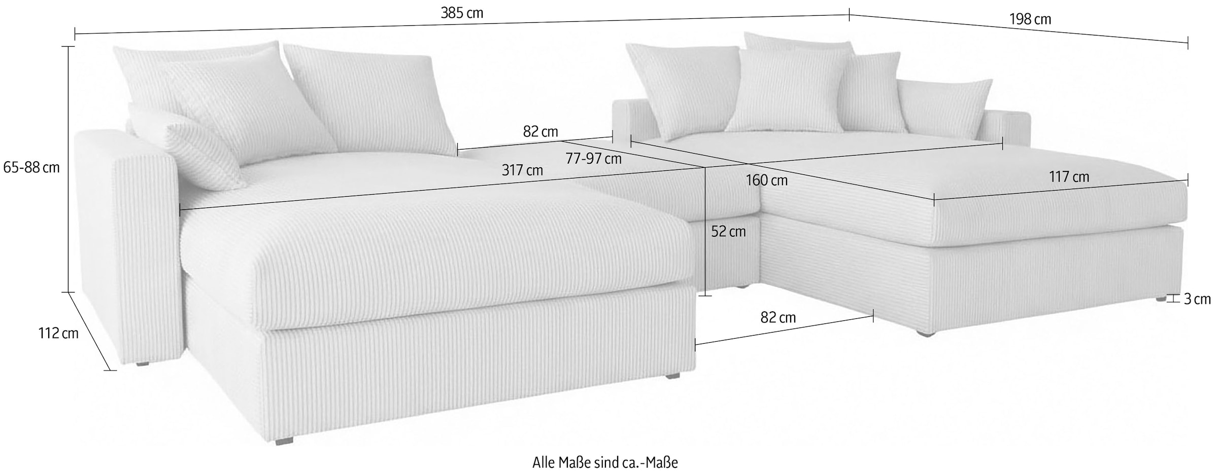 GOODproduct Paysage de salon »Cosy Lounge U-Form, Breite 385 cm« méga canapé recouvert de velours côtelé, avec suspension à ressorts et 5 coussins décoratifs
