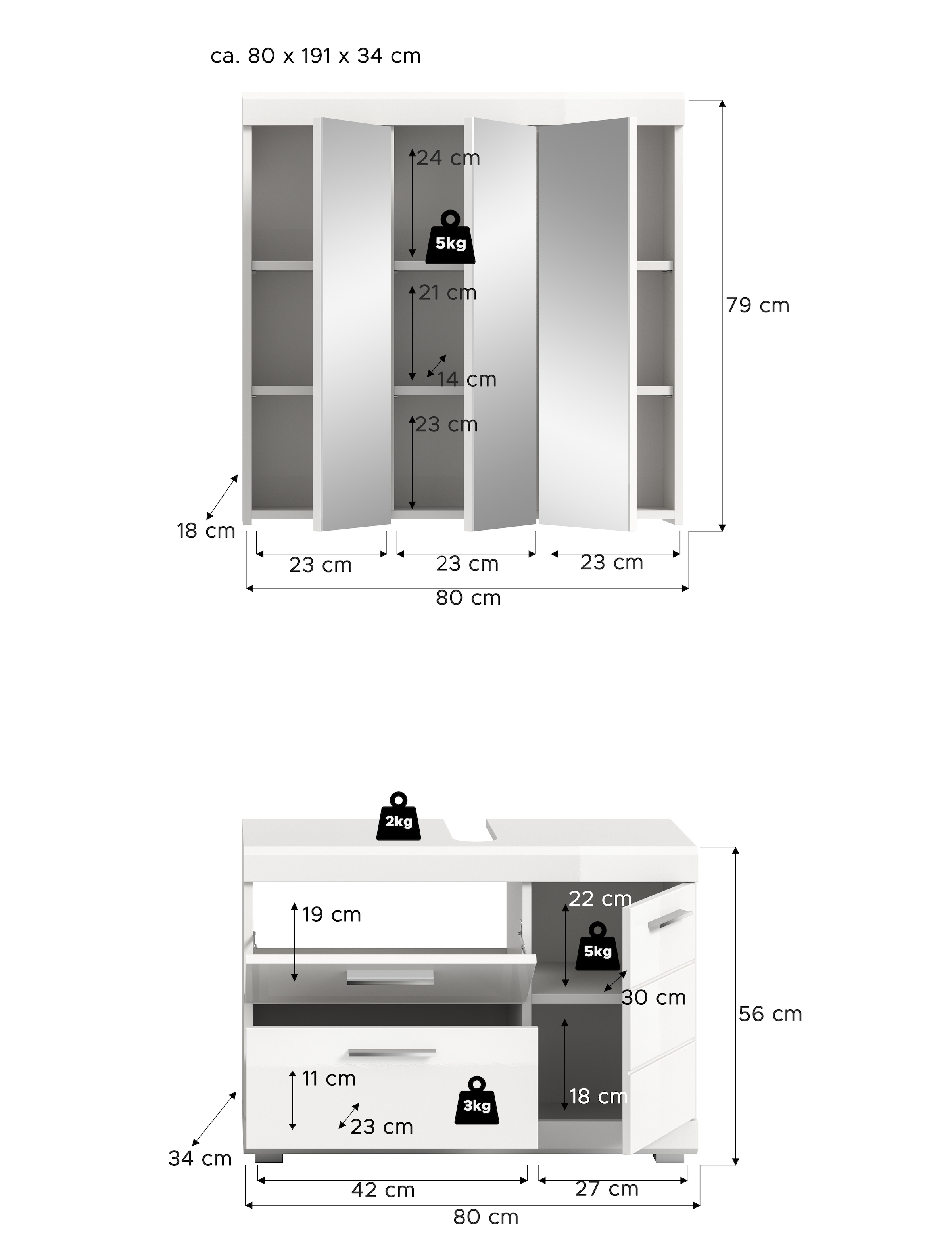 welltime Badmöbel-Set »SIENA, 2-teilig, Waschbeckenunterschrank & Spiegelschrank, MDF-Front«
