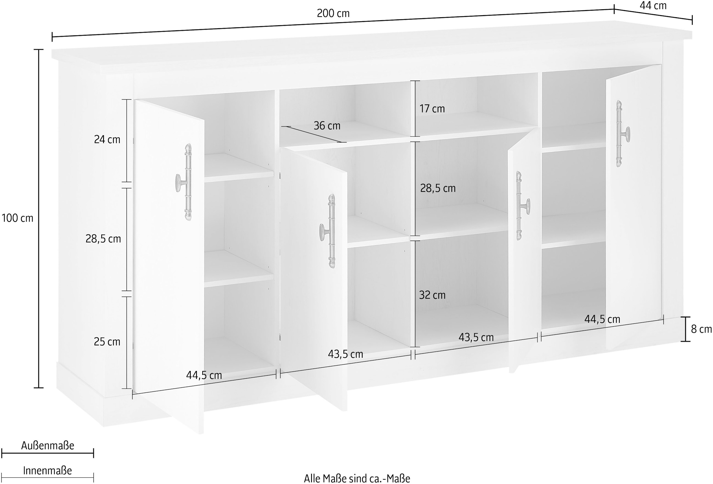 Home affaire Sideboard »RAVENNA« im romantischen Landhausstil, Griffe aus Metall, Breite 201 cm