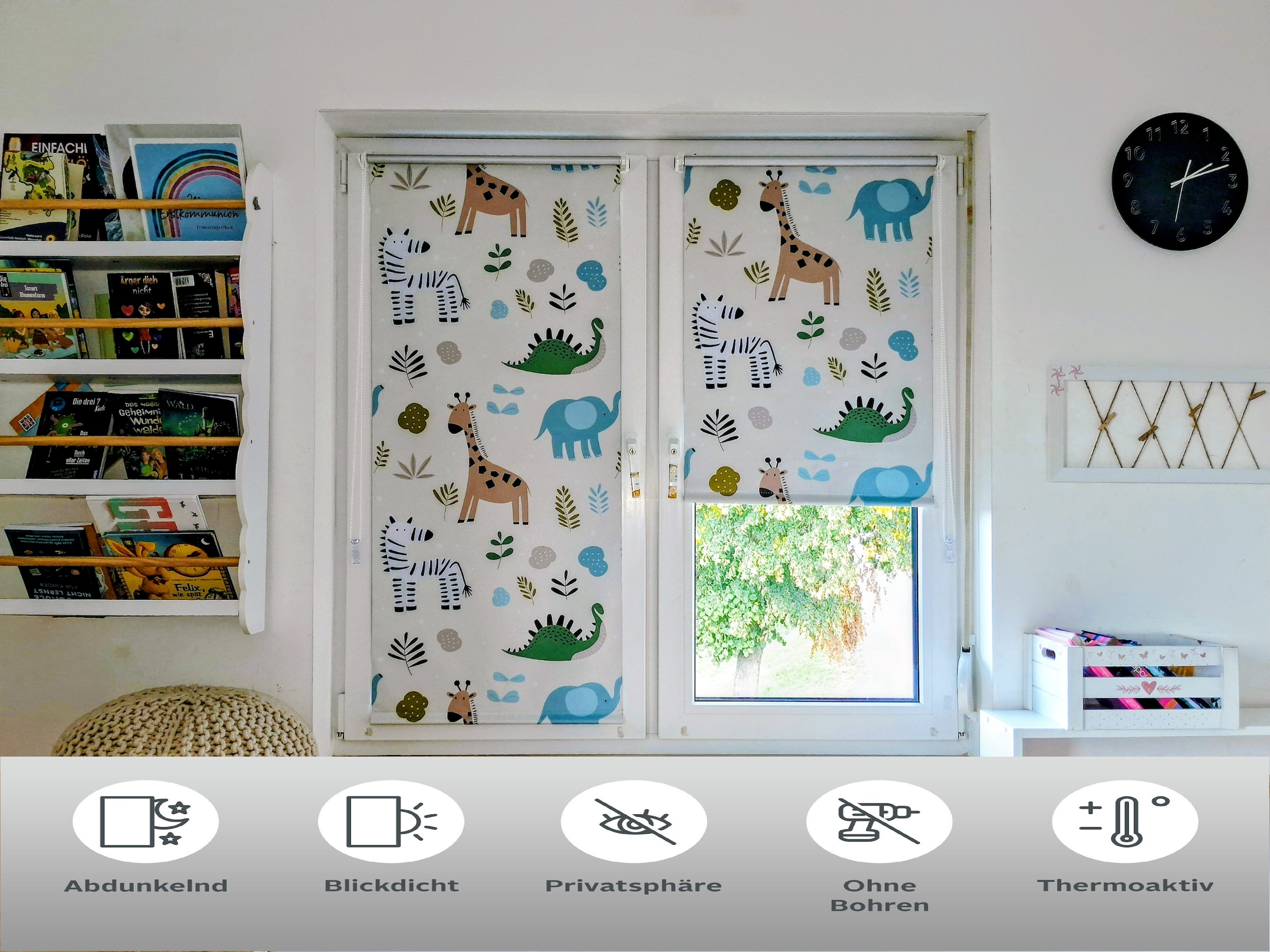 K-HOME Store à tirage latéral »Seitenzugrollo Thermo Klemmfix-Rollo mit Motiv Zoo« assombrissant occultation | protection contre la chaleur Aucun perçage requis suspendu librement Store pour enfants