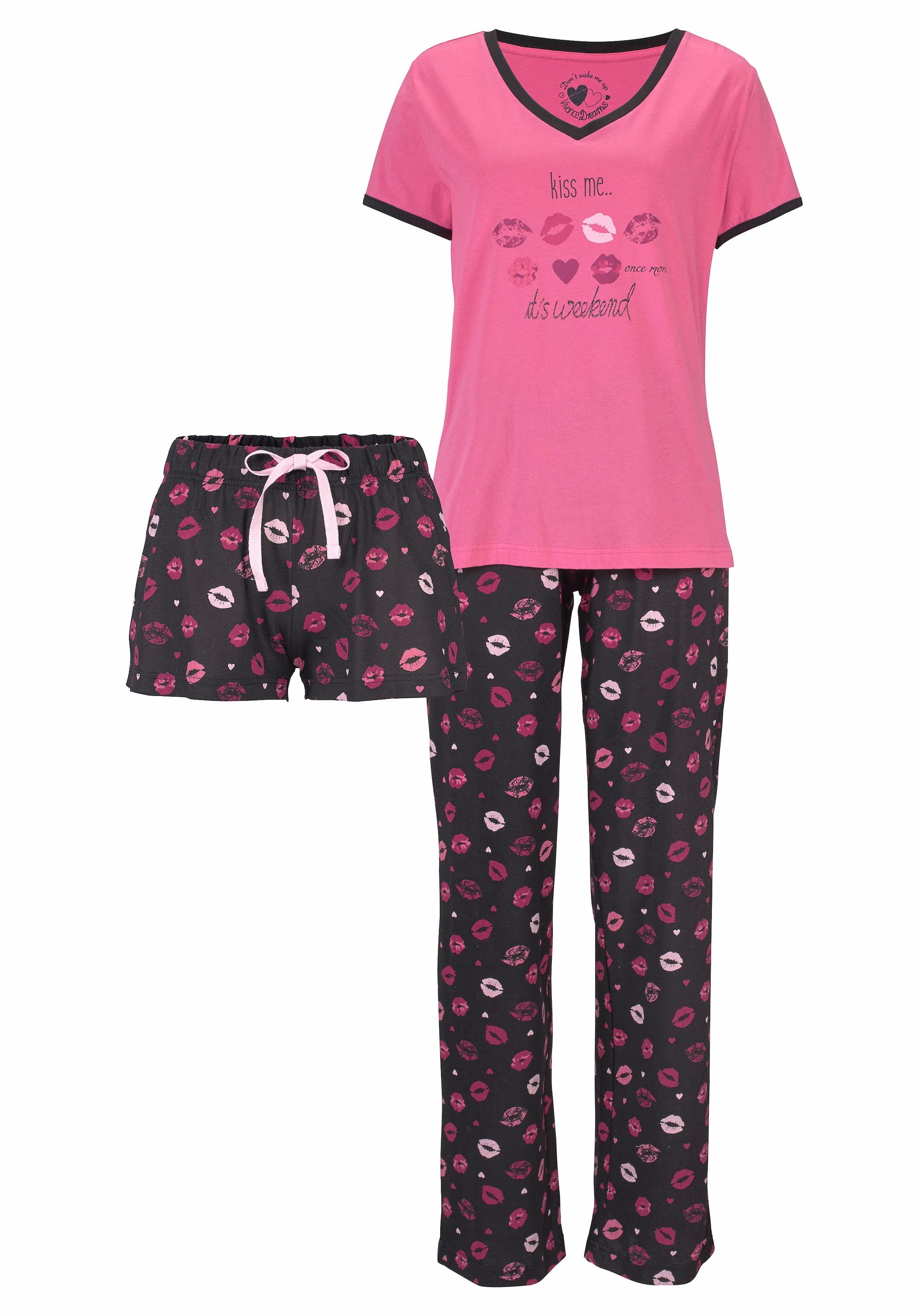 Vivance Dreams Pyjama Set, 3 teilig,  mit Kussmund-Print