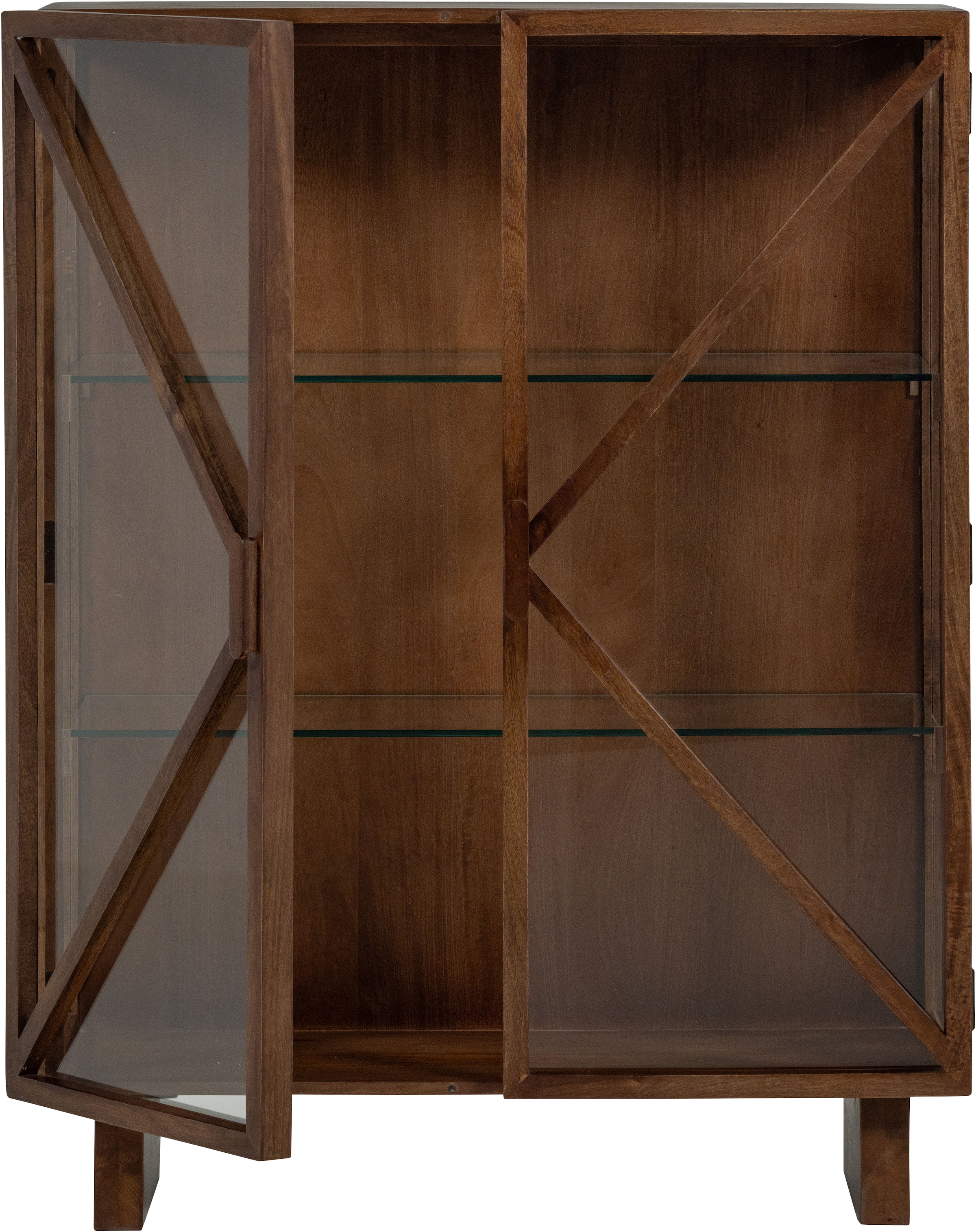 WOOOD Vitrines »Kella Mangoholz mit Glastüren und Glasablagen B 100 x D 44 x H 132 cm« fixation murale recommandée, capacité portante 5–7 kg par tablette en verre