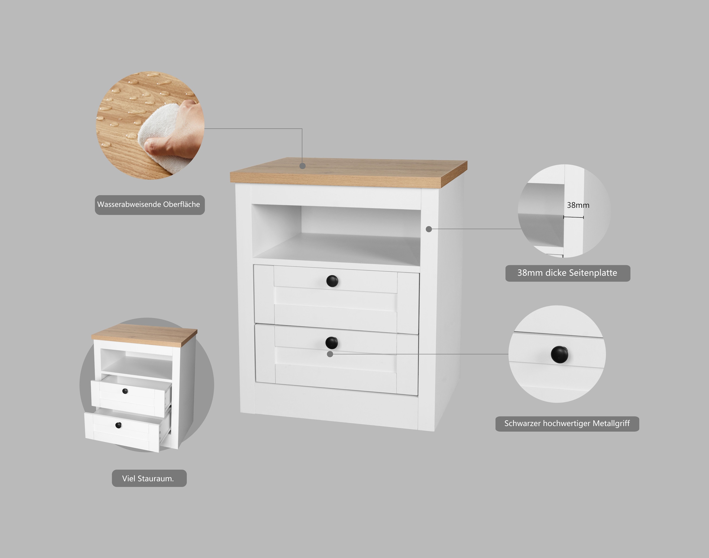 GOODproduct Console de nuit »2er Set Büsum Nachtschrank Beistellschrank« Ensemble d'épargne, 2 Schränke im Lieferumfang,  Nachttisch im Landhaus Design mit 2 Schubladen Bestseller