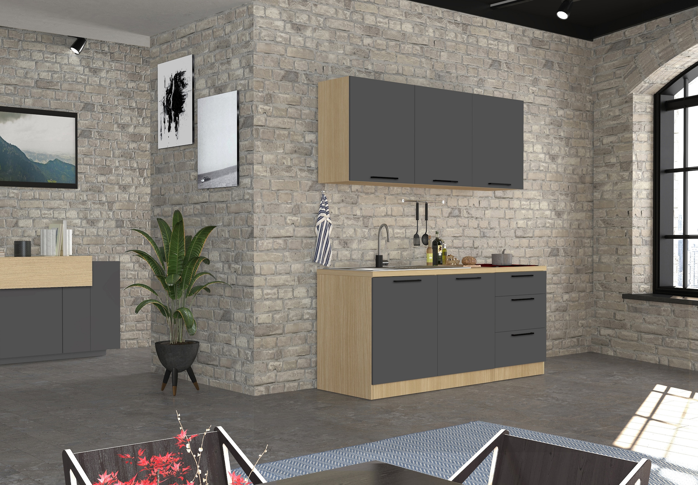 KOCHSTATION Kitchenette »Luna, Küchenzeile mit Spüle + Siphon, ohne E-Geräte« Breite 182 cm,Türen mit Soft-Close Funktion, Metalgriffe,Made in Italy