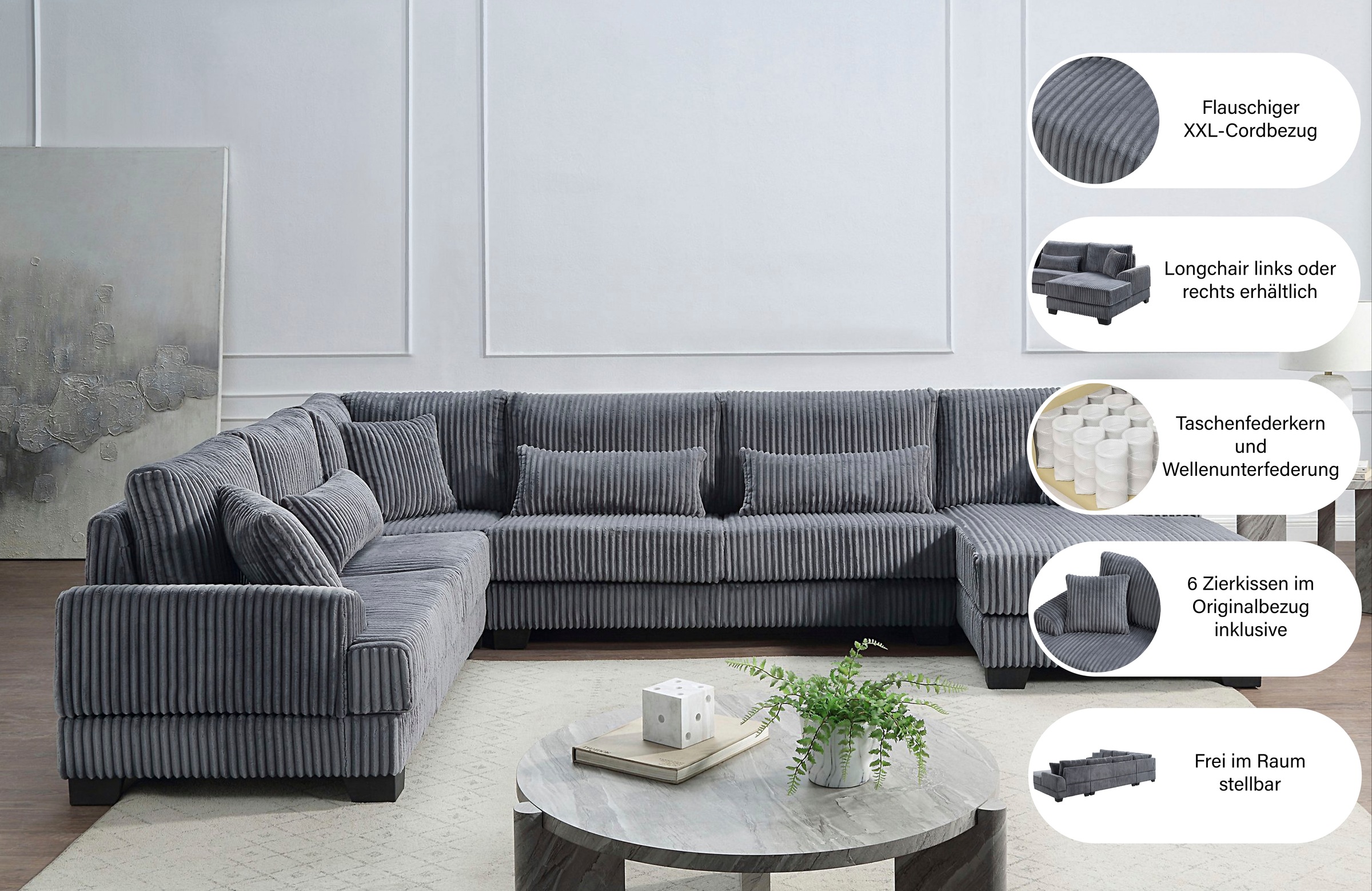 ATLANTIC home collection Paysage de salon »Miron, U-Form, Breite: 332cm« weicher XXL-Cordbezug, inklusive 6 Zierkissen