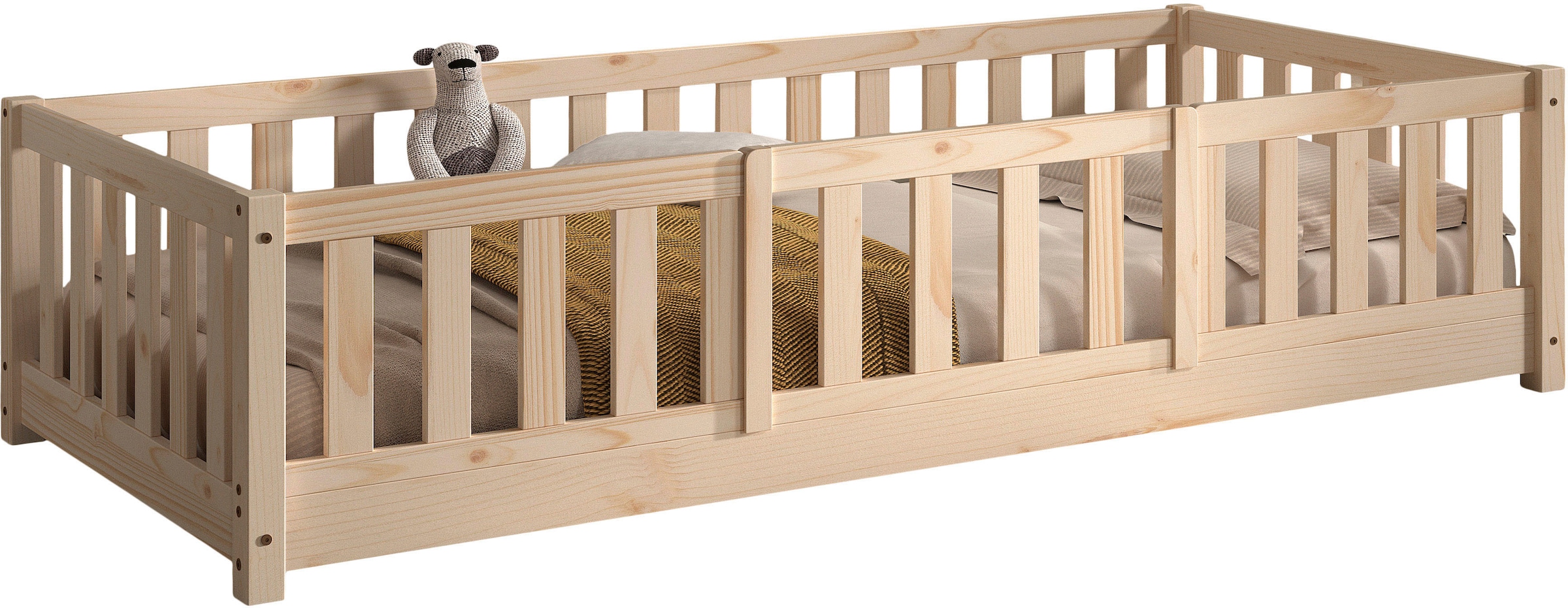 Vipack Lit d'enfant »Dallas, massiv Bett, Rausfallschutz, umbaubar vom Boden- zum Daybett« Incl. sommier à lattes roulantes et cadre à barreaux, largeur 90 ou 140x200 cm,  construction stable et solide, en pin massif naturel ou blanc au choix
