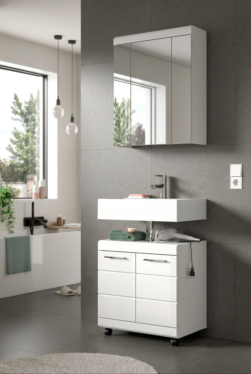 welltime Waschbeckenunterschrank »SIENA, Breite 60cm,  2 Türen, auf Rollen, MDF-Front« TOPSELLER! , mit Siphonausschnitt 10x25 cm,  in verschiedenen Farben erhältlich, Badmöbel, Badschrank, Kommode, Bad