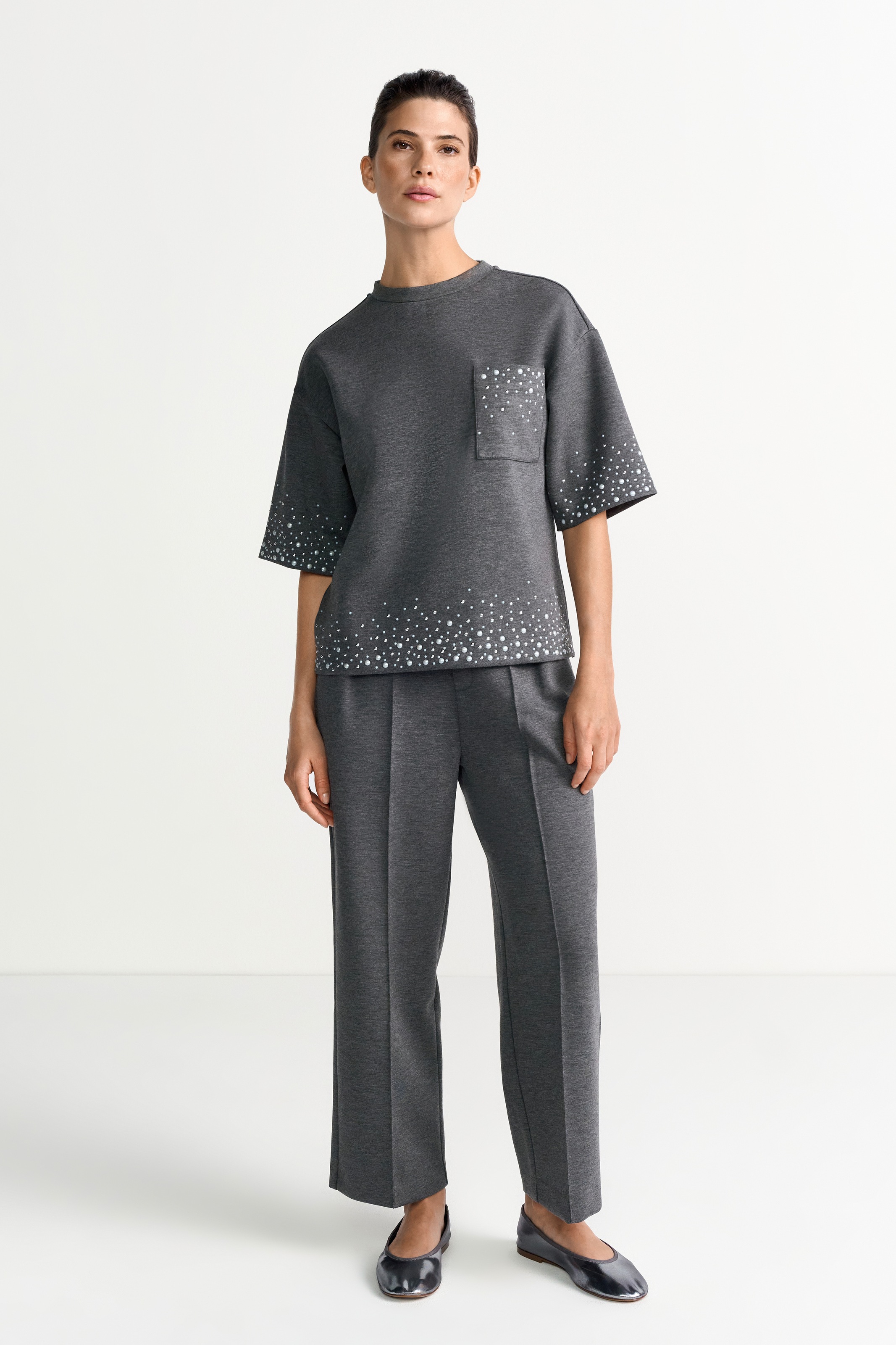 RICHROYAL T-shirt mit Strass und Perlen, Rundhals