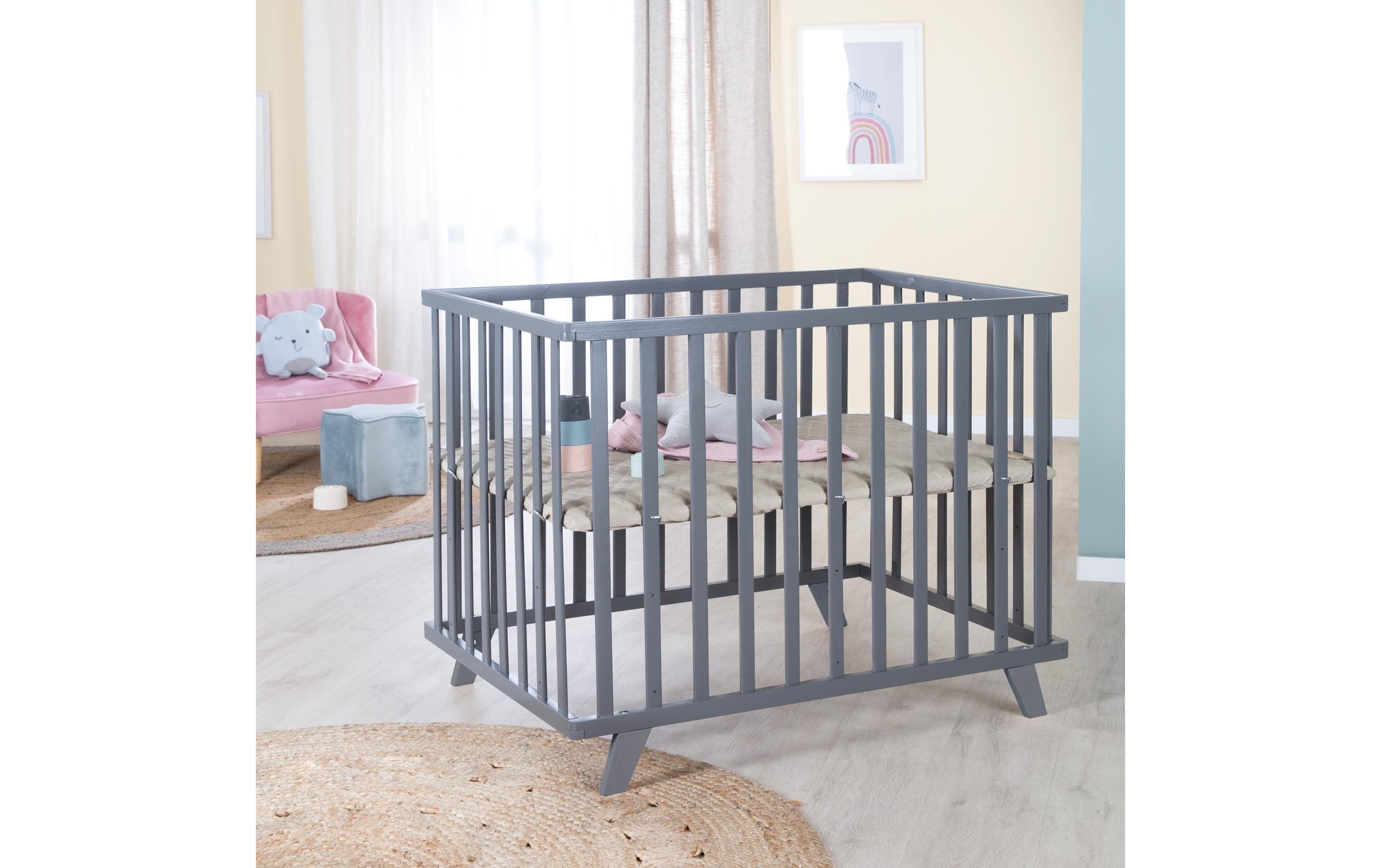 roba® Parc pour bébé »Laufgitter Holz anthrazit 75 x 100 cm höhenverstellbar«