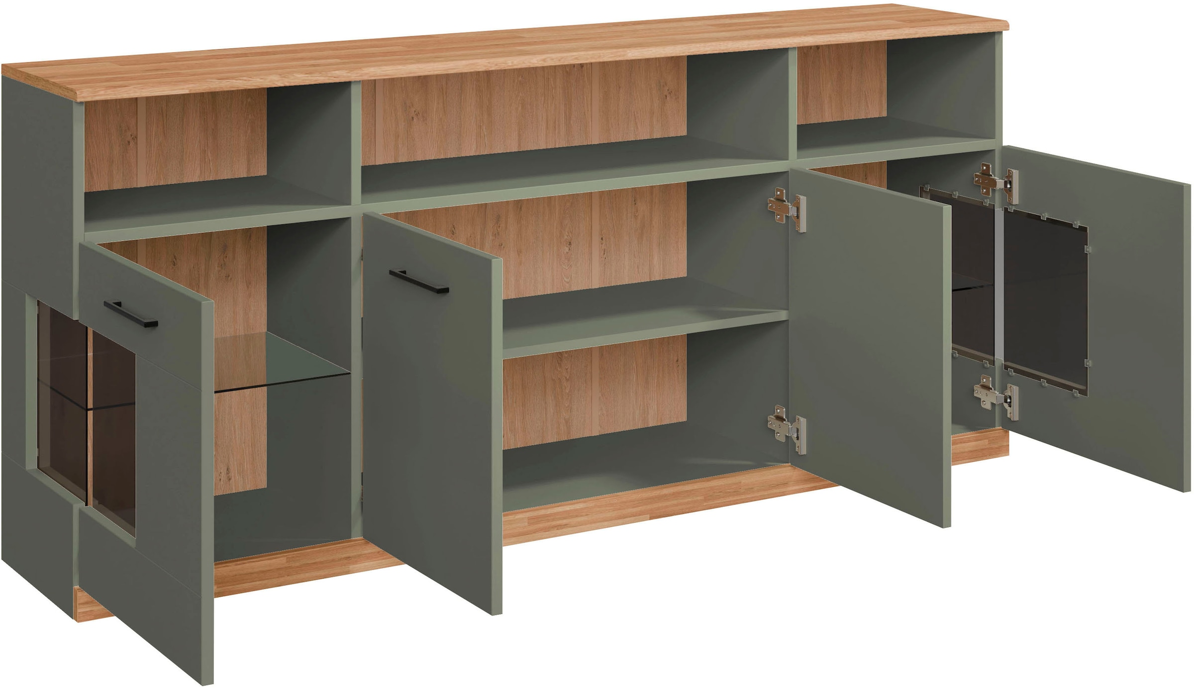 GOODproduct Sideboard »Ribe,180cm breit,80cm hoch, 9 Fächer« Oberplatte Eiche massiv,schwarze Metall Griffe,2 Türen mit Glaseinsatz