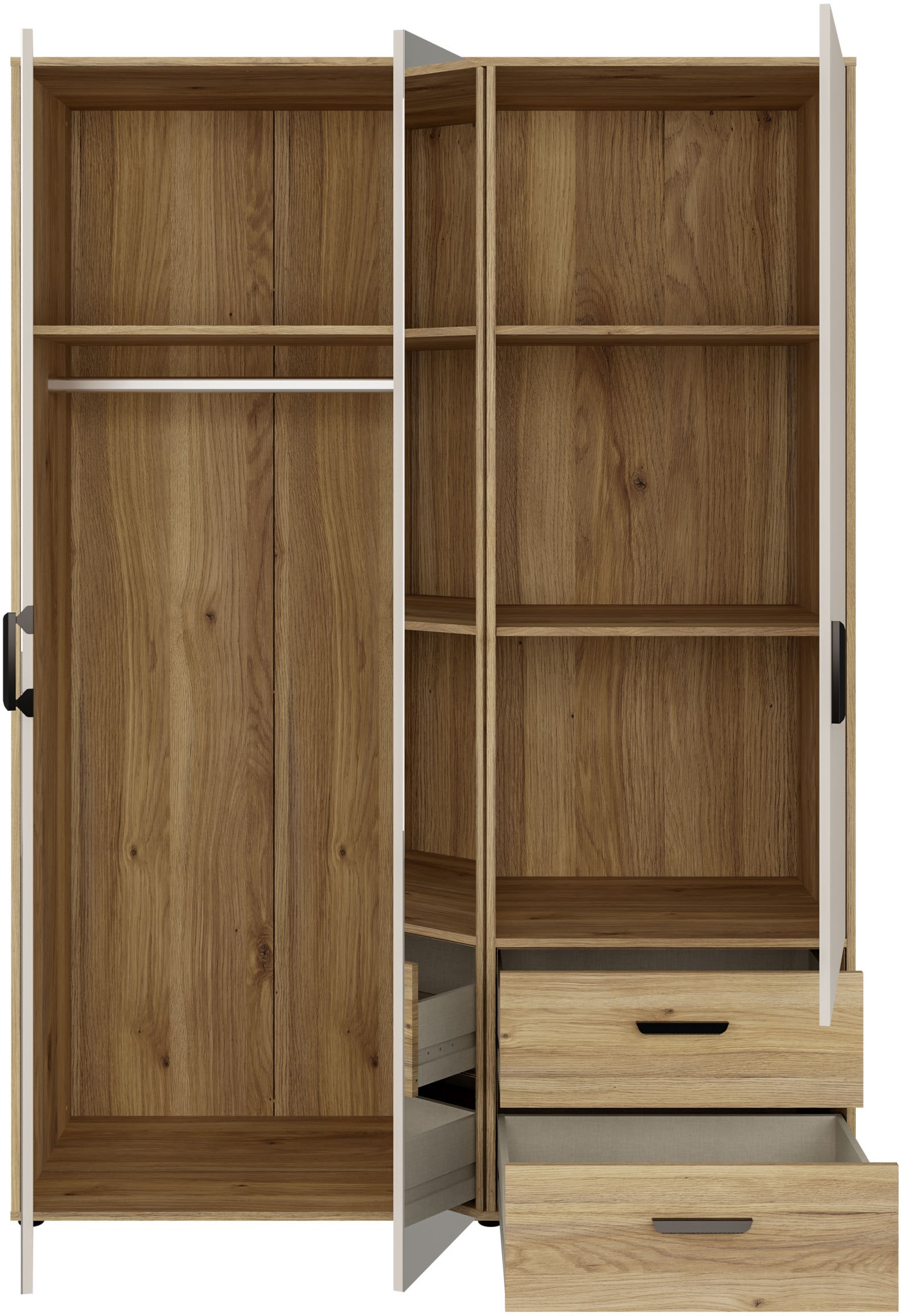 GOODproduct Kleiderschrank »AALOX, Spiegel, 3 Türen, 2 Schubladen, viel Stauraum, schwarze Griffe« Schrank ca. 140 bis 150 cm breit, schwarze Griffe, zeitloses Design