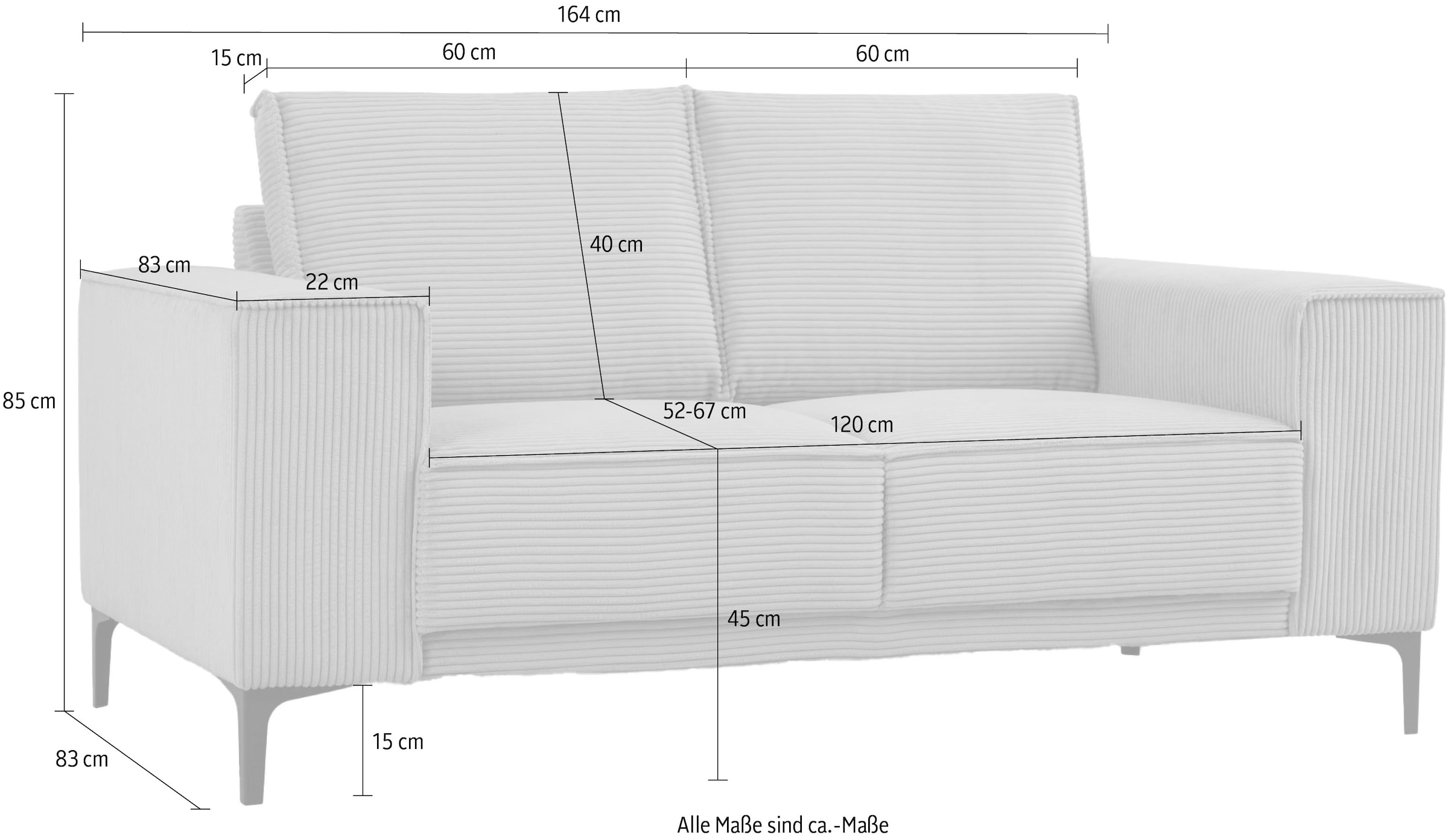 GOODproduct 2-places »OLAND Cord, Sofa, B: 164 cm, Skandi-Design« 164 cm, suspension à vagues, design scandinave, pieds en métal