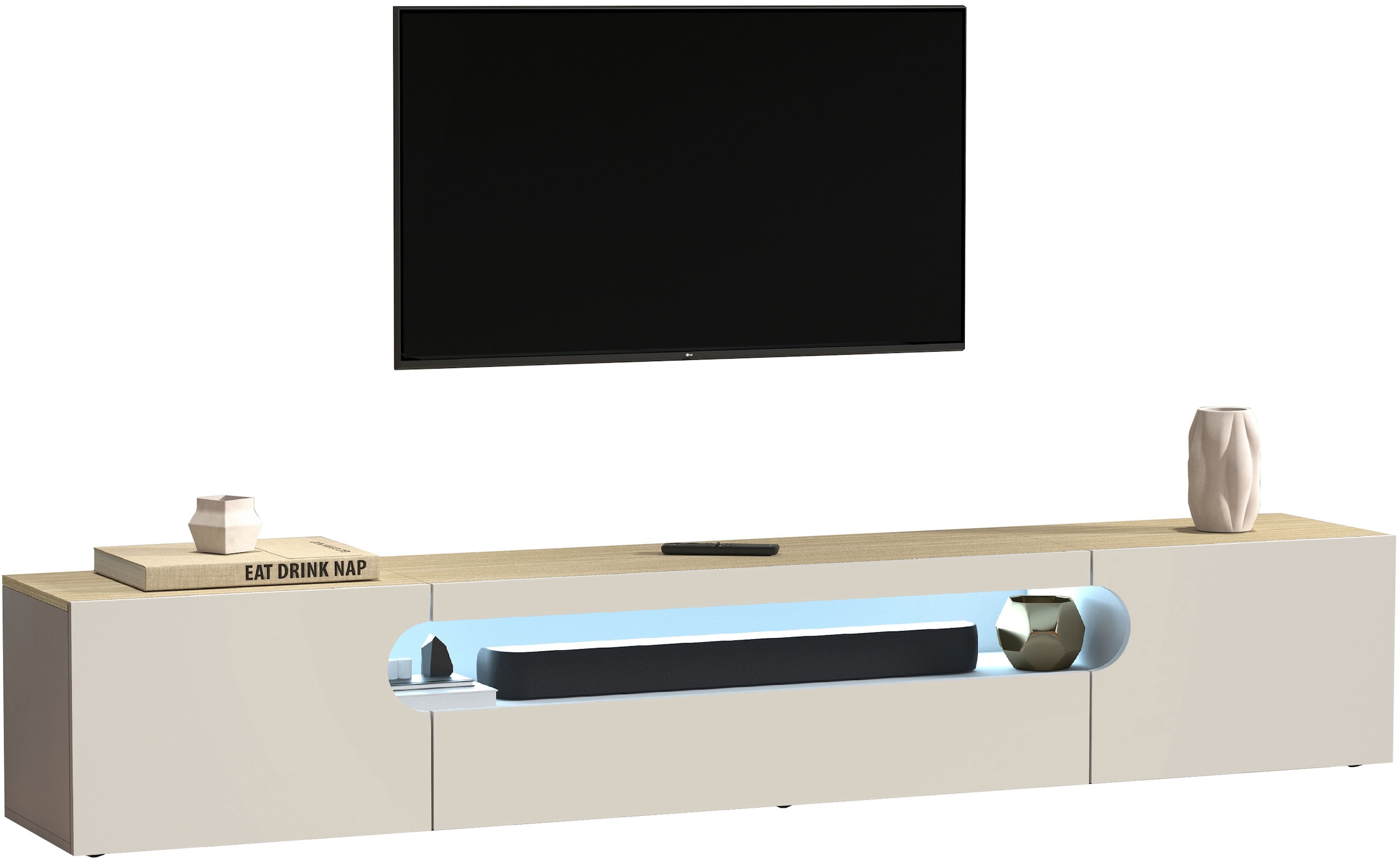INOSIGN Table basse »REAL TV-Möbel, 240 cm breit, 40/60 cm hoch, Hochglanz oder matt« mit 2 abgerundeten Türen, 1 Klappe, die ein ovales offenes Fach bilden